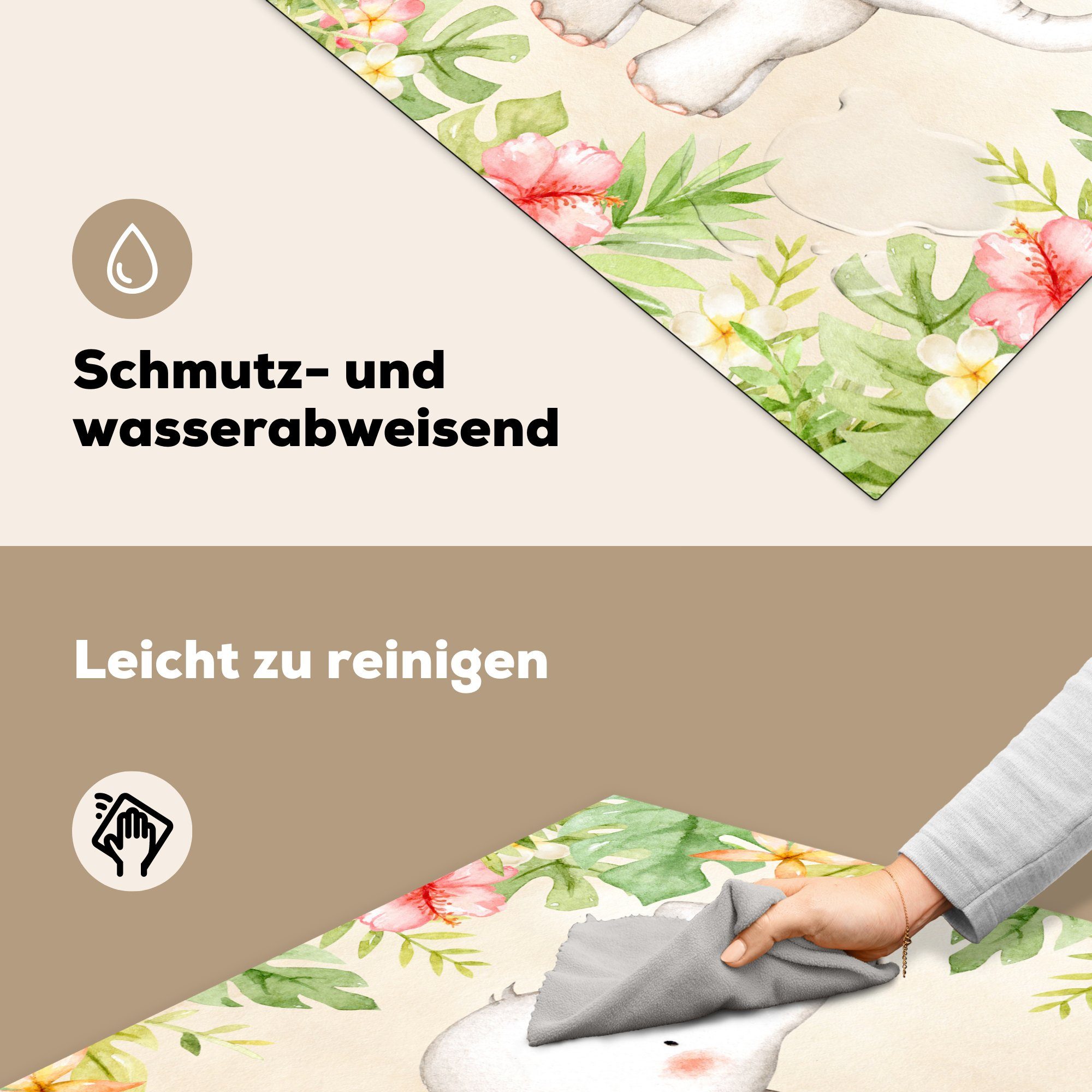 tlg), Arbeitsplatte cm, MuchoWow küche - Ceranfeldabdeckung, Herdblende-/Abdeckplatte (1 für 78x78 - Blumen Elefant, Vinyl, Dschungel