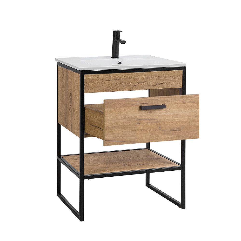 Lomadox Waschtisch MANHATTAN-56, Gold Craft Oak Eiche schwarz 60/85/46cm günstig online kaufen