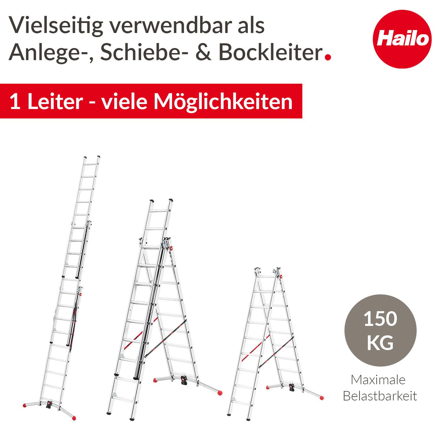 Hailo Anlegeleiter Leiter HobbyLOT, 3-teilige Alu-Kombileiter, 3 x 9 Sprossen