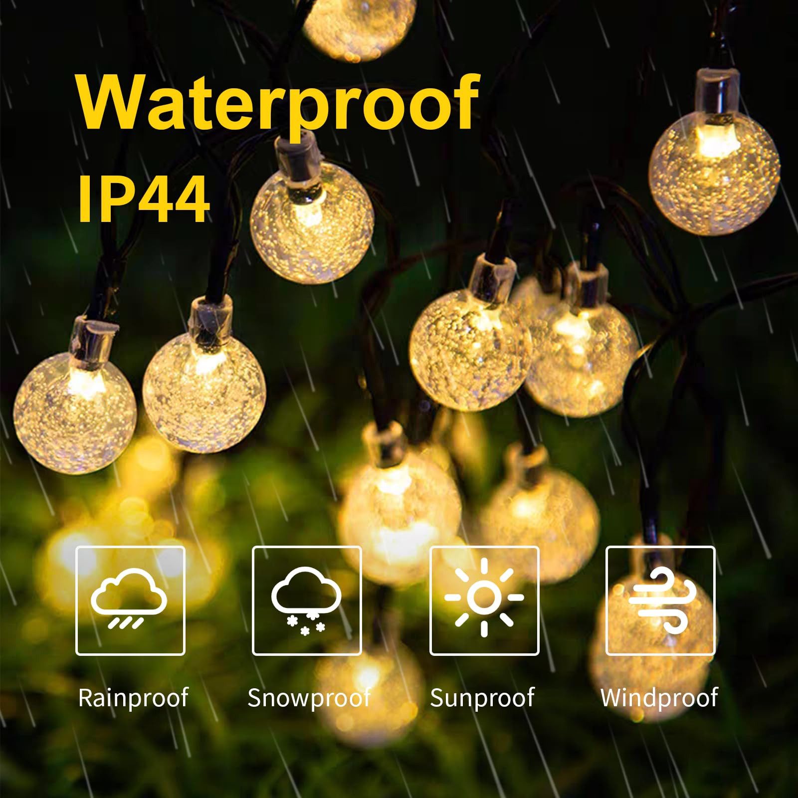 LQWELL LED Solarleuchte LED Kugeln Lichterkette Aussen Solar Gartenleuchte, Solar Kettenlicht Kristall Kugeln, LED fest integriert, Warmweiß, 15LED 5M 33FT 8 Mo – Bild 3 von 5