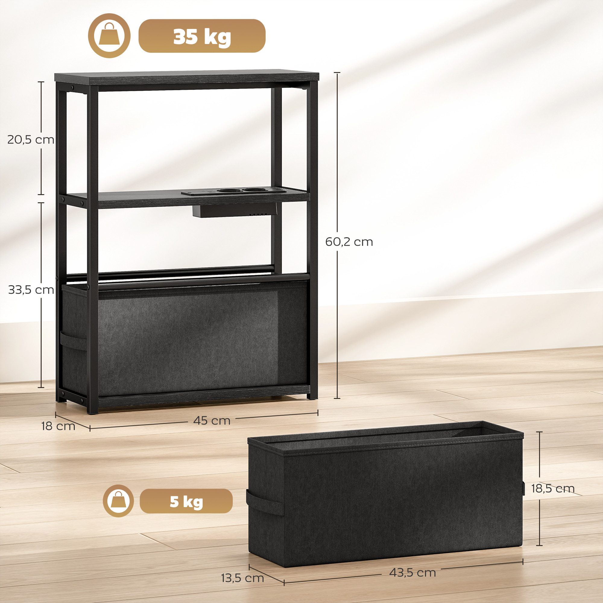 HOMCOM Beistelltisch Nachttisch mit 2 Ablage, Steckdosenleiste USB & Type-C (Kaffeetisch, 1-St., Sofatisch), für Kleine Räume, 45 x 18 x 60,2 cm, Schwarz