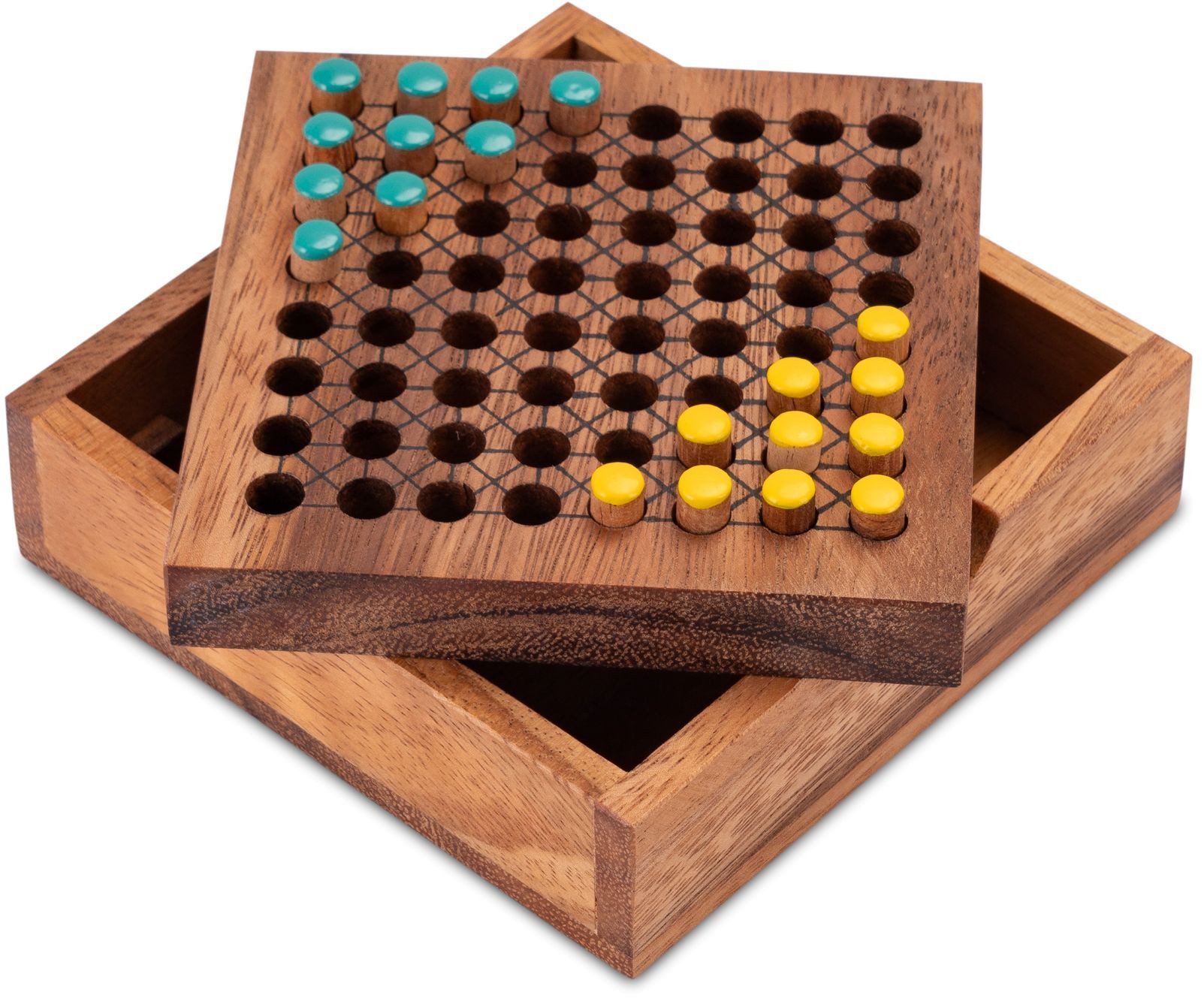 LOGOPLAY Spiel Halma Reisespiel Gelb Grün, Gesellschaftsspiel, Halma Reisespiel klassisches Strategiespiel im Mini-Holzkasten für 2