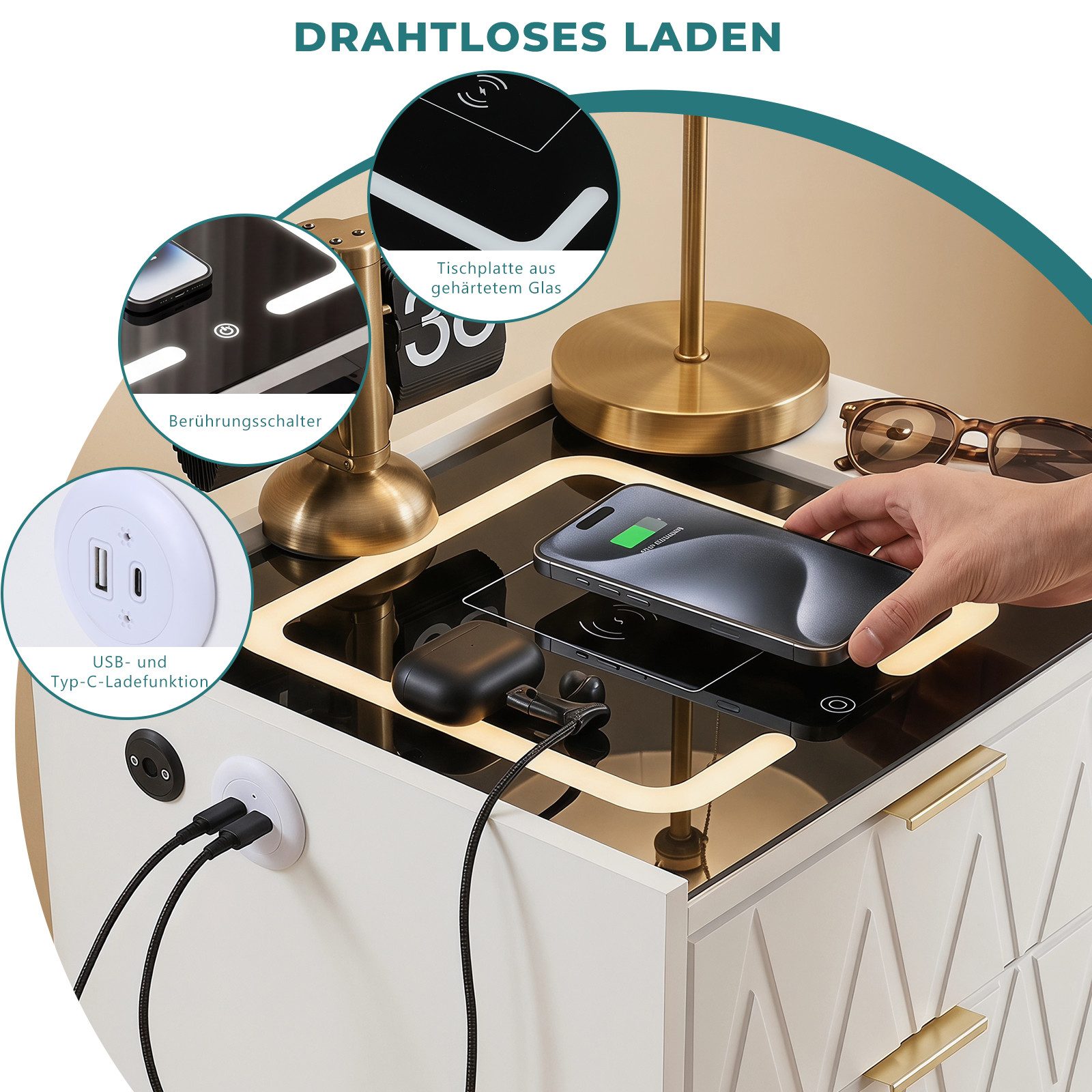 oyajia Nachttisch Nachttisch mit LED-Beleuchtung, Beistelltisch mit 15W Kabelloses Laden (Nachttisch mit USB + Type-C, Beistelltisch, 2/ 3 Schubladen, modern), für modernes Schlafzimmerdesign