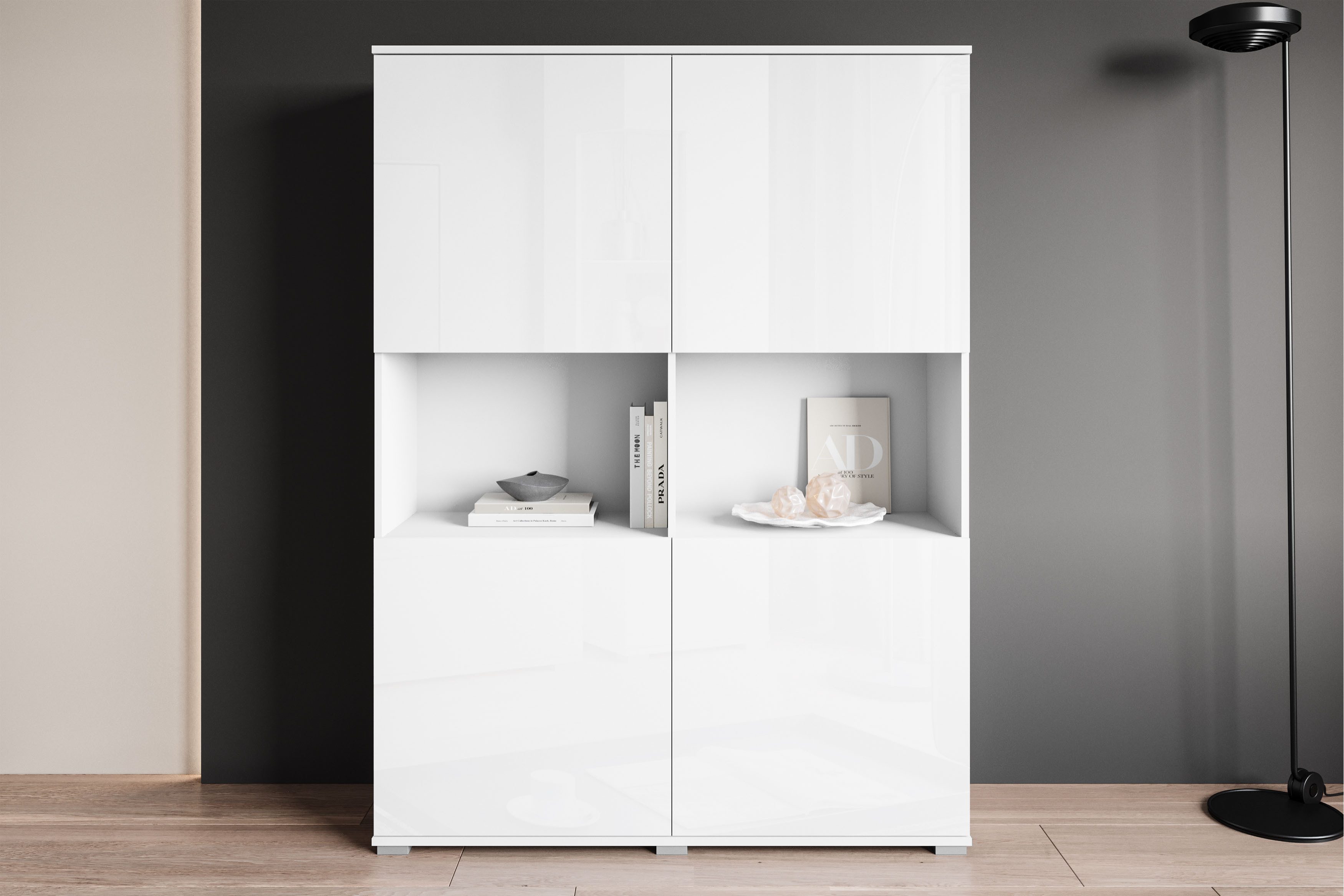 OTTO home Highboard Kenia Schrank, 120 cm breit, mit 4 Türen und 2 offenen Fächern (1 St), Griffloses Design mit Push-to-Open und verstellbaren Einlegeböden