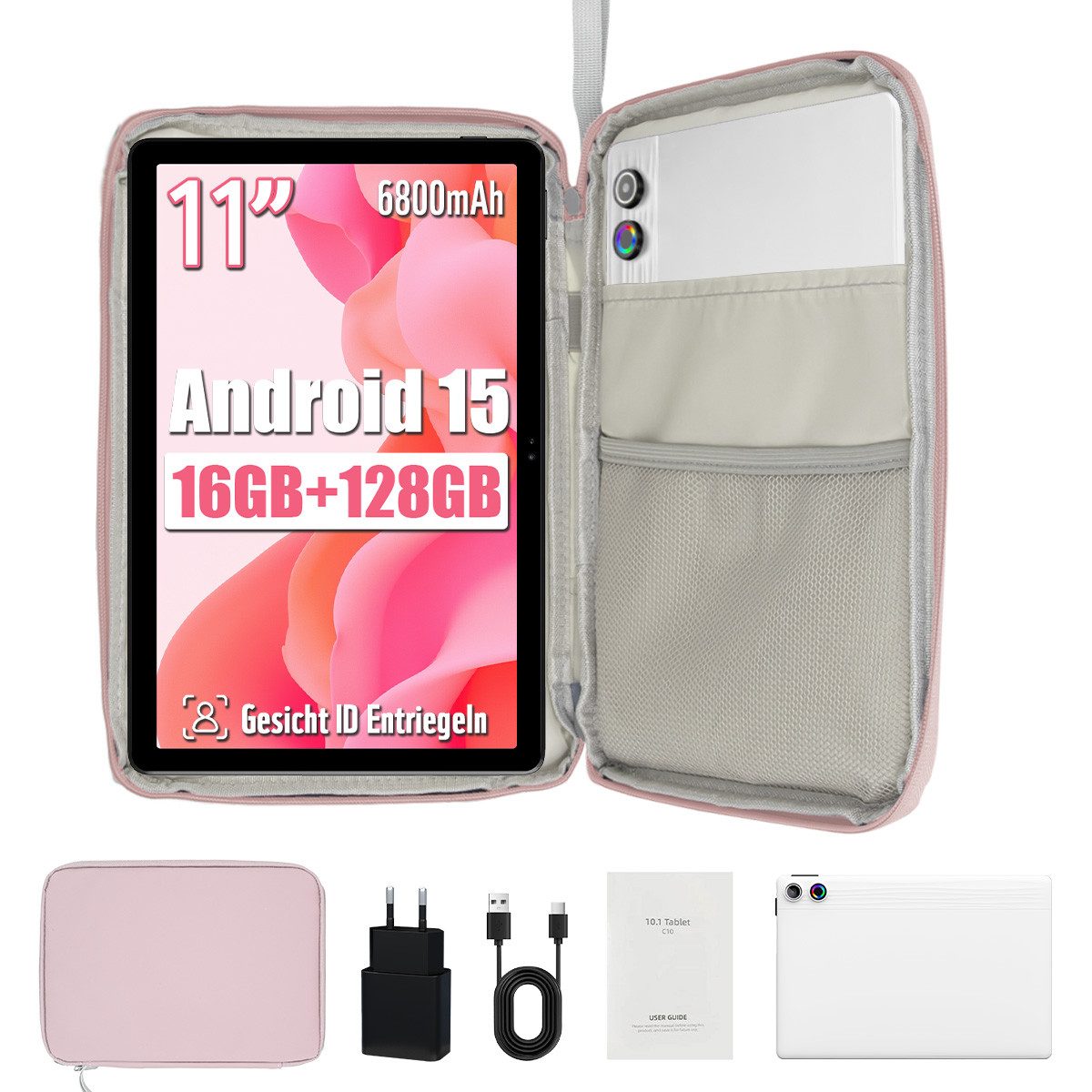 Happybe 11 Zoll Android 15, 128GB 1 TB TF Erweiterbar, HD 1280x800, 6800mAh Tablet (11", 128 GB, Android, 2,4G/5G WiFi, 16(4+12)GB RAM, Dual Kamera, WiFi 6, Bluetooth 5,3)
