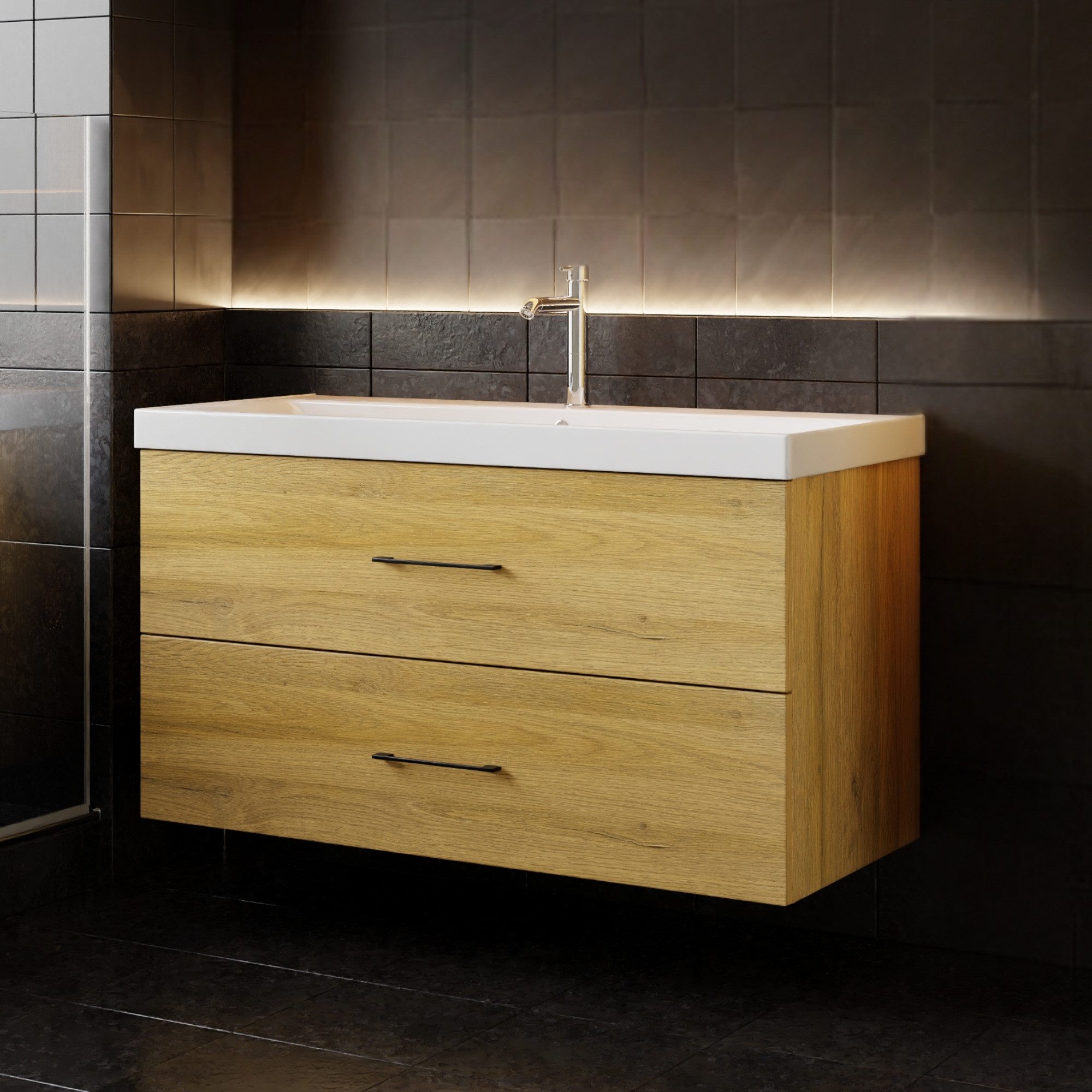 Karen Waschtisch-Set Waschtisch mit Unterschrank Verona, (Komplett-Set, Standartmäßig 2-Teilig (Unterschrank, Waschbecken), 2-St., Der Lieferumfang umfasst Unterschrank und Waschbecken), Holzfurnier, Bügelgriffe, Natürliches Design, Softclose