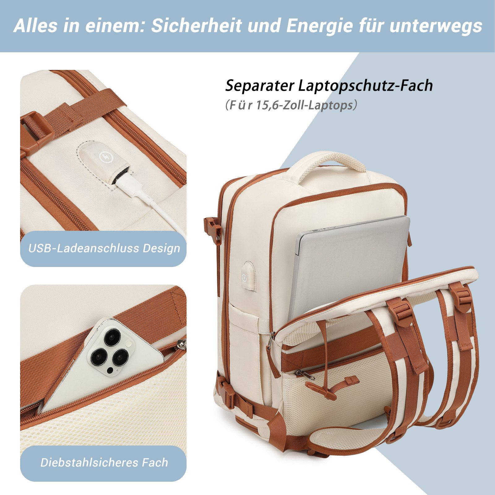 KONO Reiserucksack Handgepäck Laptop Rucksack 42x30x20,25L mit Schuhfach für Reisen&Sport