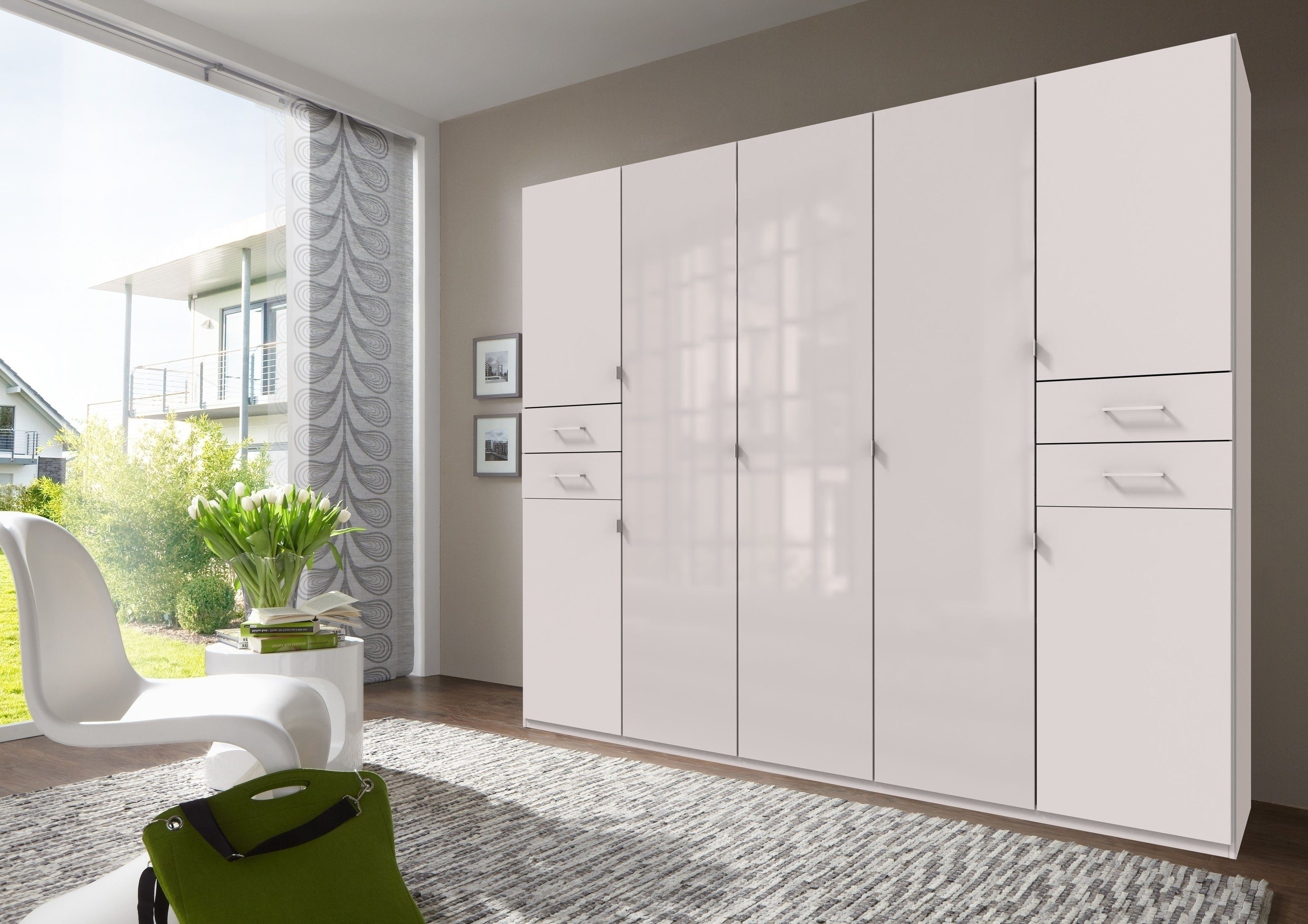 Drehtürenschrank in WEISS + GLAS WEISS - 225x208x58cm (BxHxT)