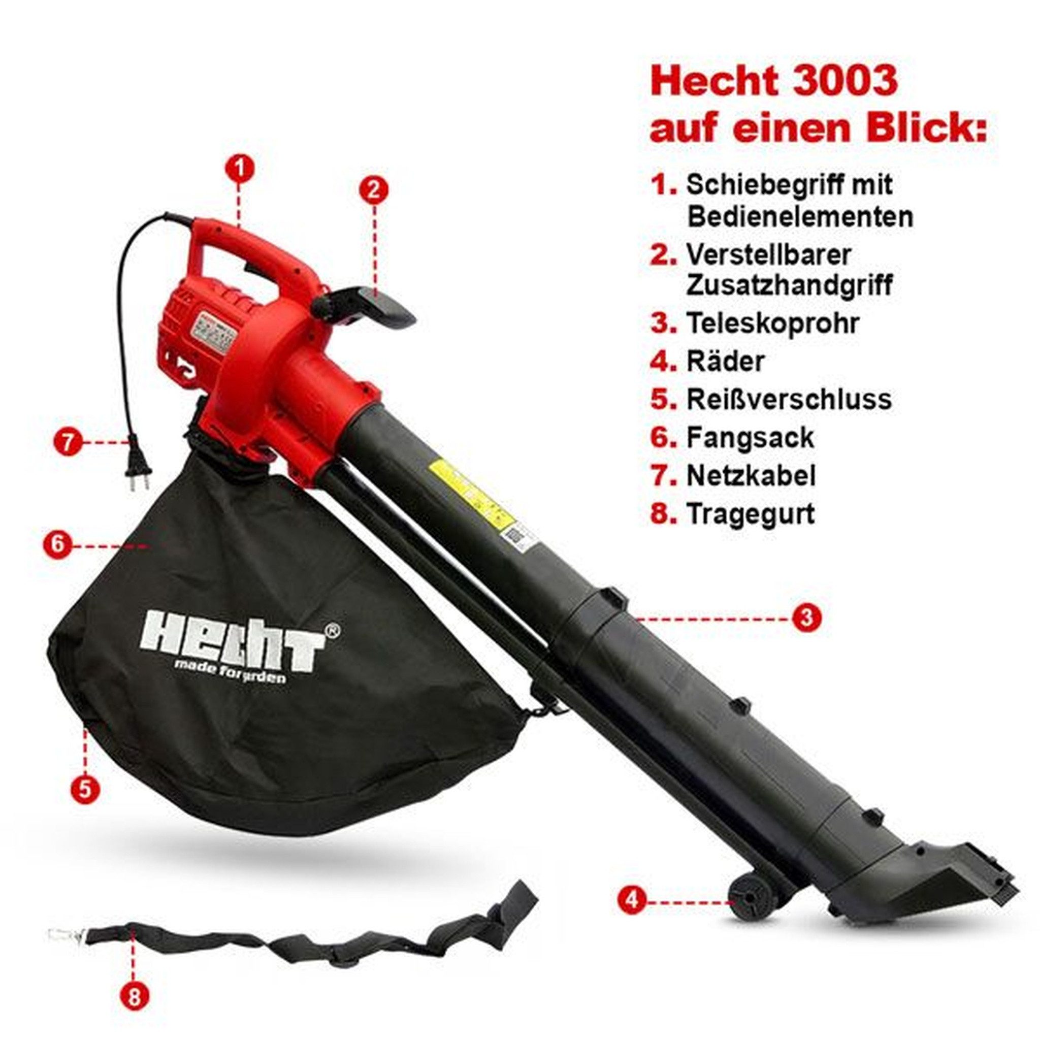 Hecht Elektro-Laubbläser 2in1 Laubsauger 45L Fangkorb 3000W mit Räder, 15:1 Mulchverhältnis, mit Tragegurt, 4,1 kg