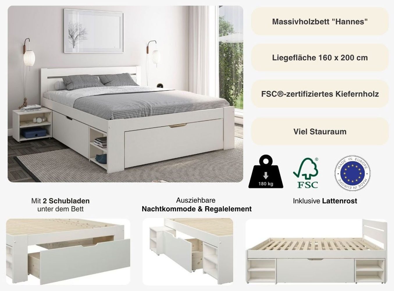 OTTO home Massivholzbett "HANNES " mit Schubladen und Regalen, Nachtschrank ausziehbar, stabil, FSC®-zertifiziertes Kiefernholz, ideal für kleine Räume