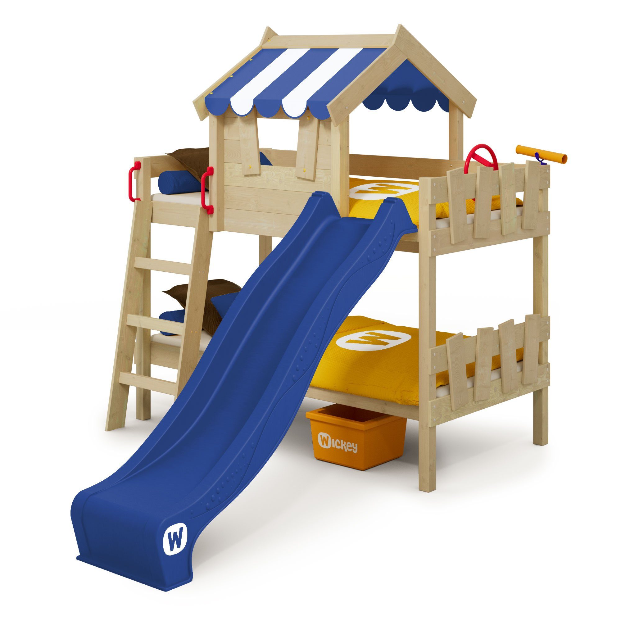 Wickey Kinderbett Crazy Circus - Spielbett mit Rutsche, Etagenbett - 90 x 200 cm (Holzpaket aus Pfosten und Brettern, Spielbett für Kinder), Massivholzbrett blau/blau | Alle Betten