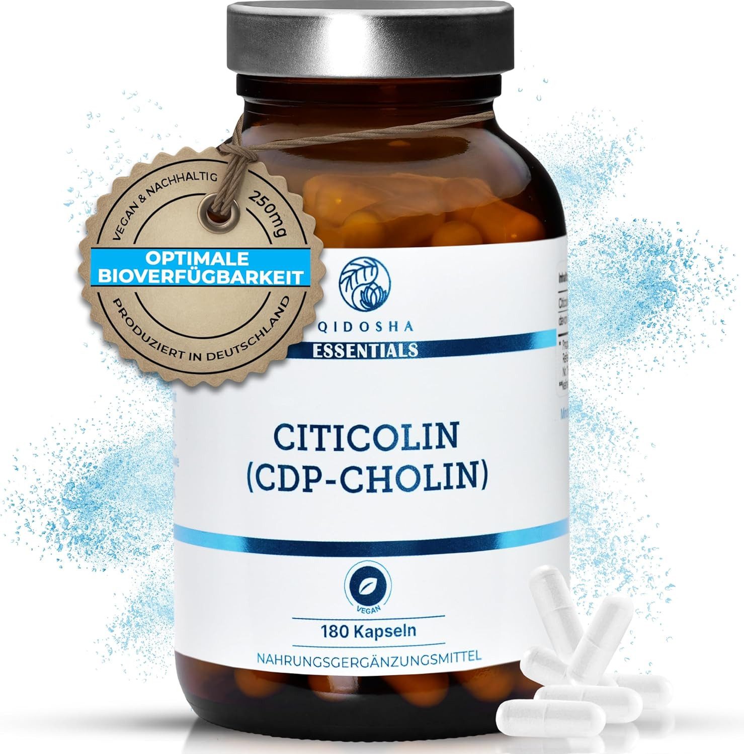 QIDOSHA Cholin als Citicolin (CDP-Cholin) Kapseln, 180 Kapseln im Apothekerglas, volle 250mg Citicolin/CDP Cholin je Kapsel, vegan, laborgeprueft, deutsche Применитьung, Citicoline CDP Choline 250mg à 180 St., 58.5 g, vegan, laborgeprüft - in Deutschland hergestellt