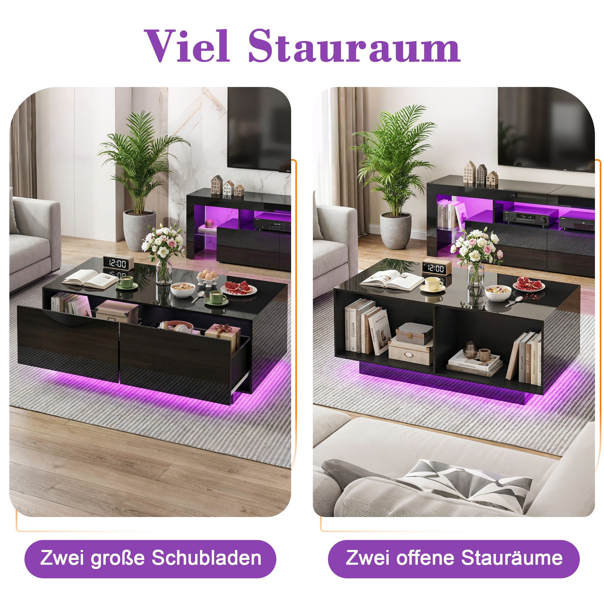 Hyaapwod Couchtisch Hochglanz-Couchtisch mit Schublade und offenem Fach (1-St), mit LED-Beleuchtung, Schwarz – Bild 4 von 5
