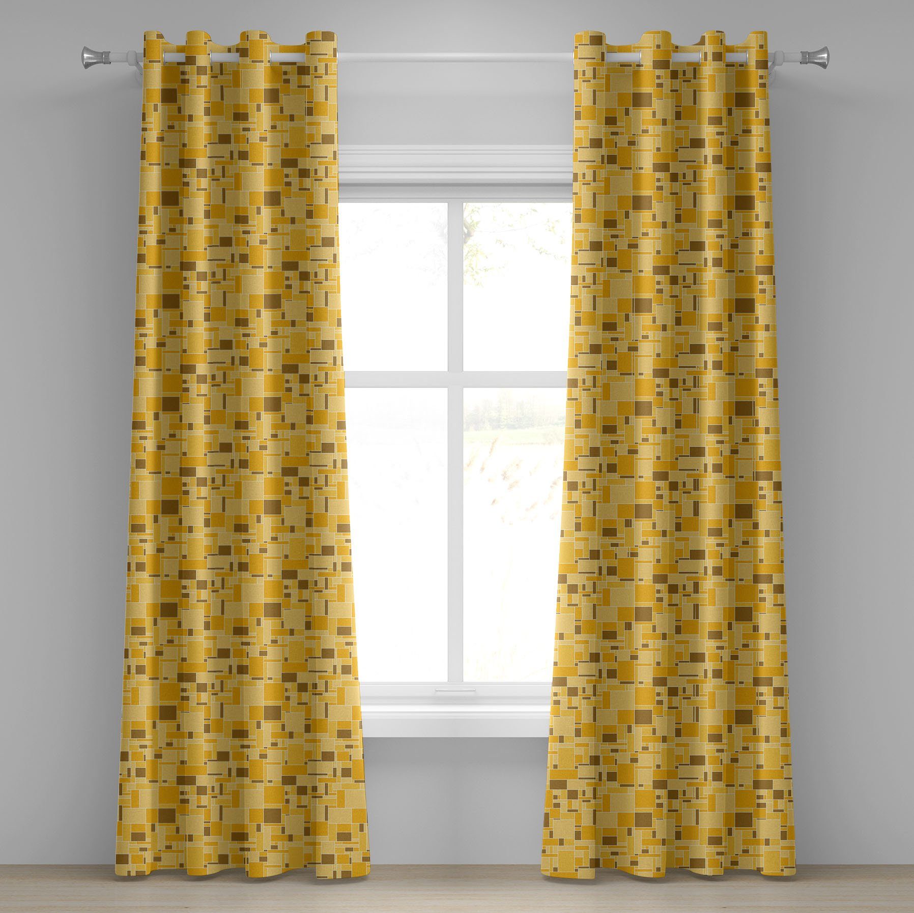 Gardine Dekorative 2-Panel-Fenstervorhänge für Schlafzimmer Wohnzimmer, Abakuhaus, Weinlese-Gelb quadriert Gitter