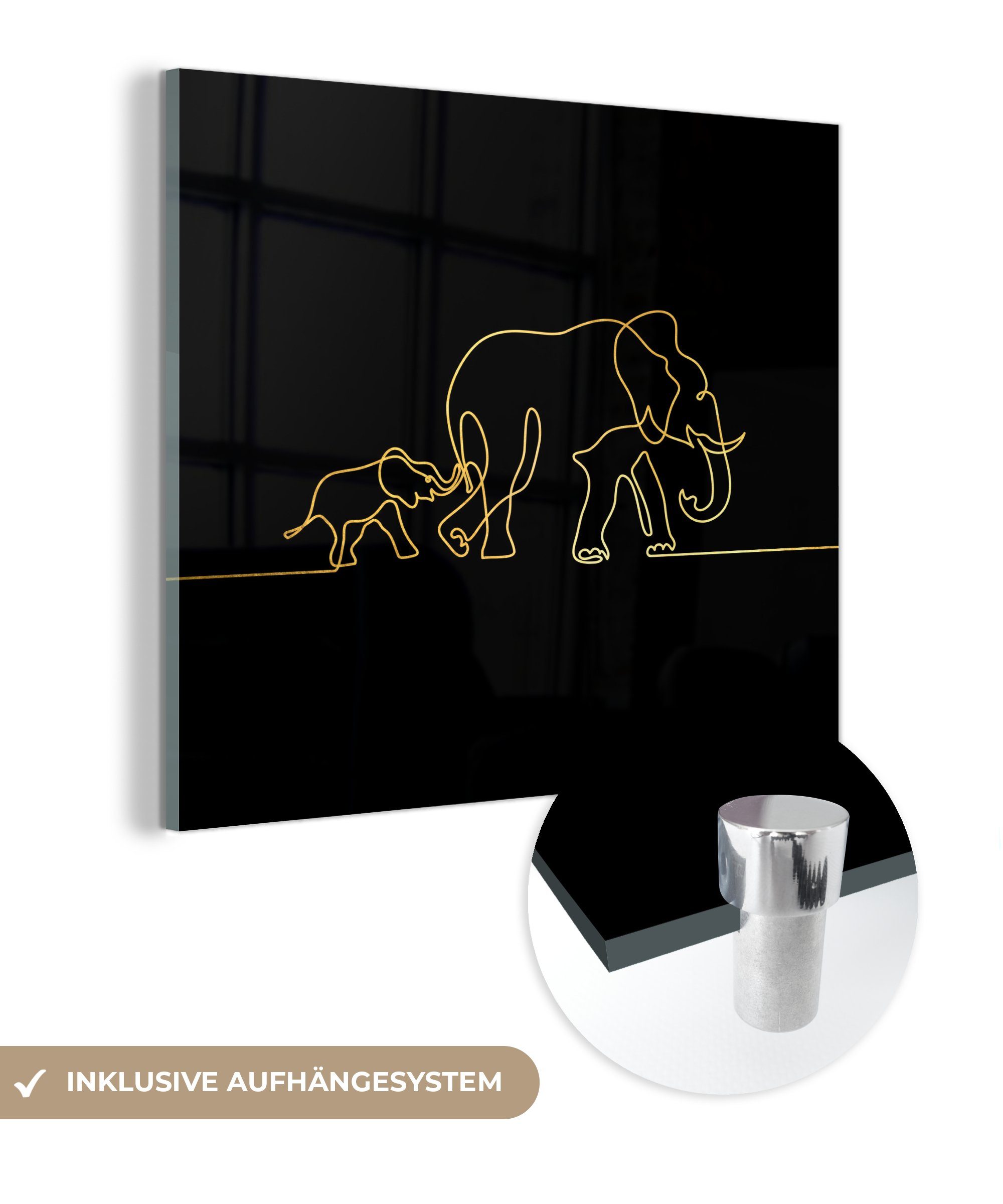 MuchoWow Acrylglasbild Elefant - Gold - Schwarz - Einfach, (1 St), Glasbilder - Bilder auf Glas Wandbild - Foto auf Glas - Wanddekoration