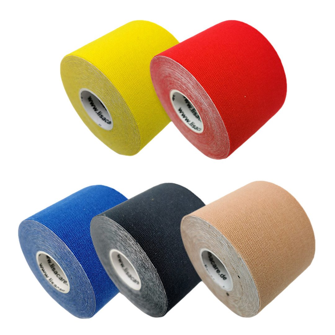 LisaCare Kinesiologie-Tape Buntes Set - Medizinisches Tape (Set, 5-St., 1 x Blau, Gelb, Schwarz, Rot & Beige / 5cm x 5m) Latexfrei