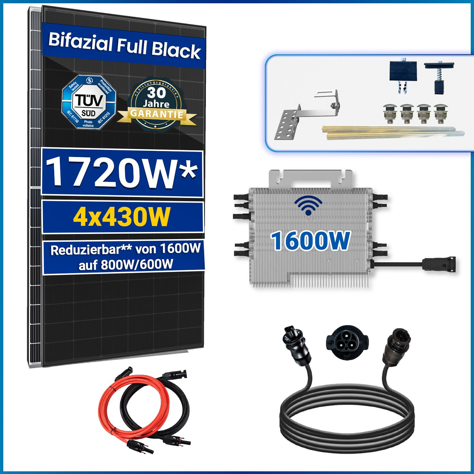 SOLARHOOK etm Solaranlage 1720W Balkonkraftwerk Set, (Ziegeldach PV Montage), Deye