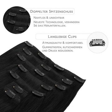 Wennalife Echthaar-Extension 100%Echthaarverlängerung,nahtlose Clip-in-Haarverlängerung,tiefschwarz