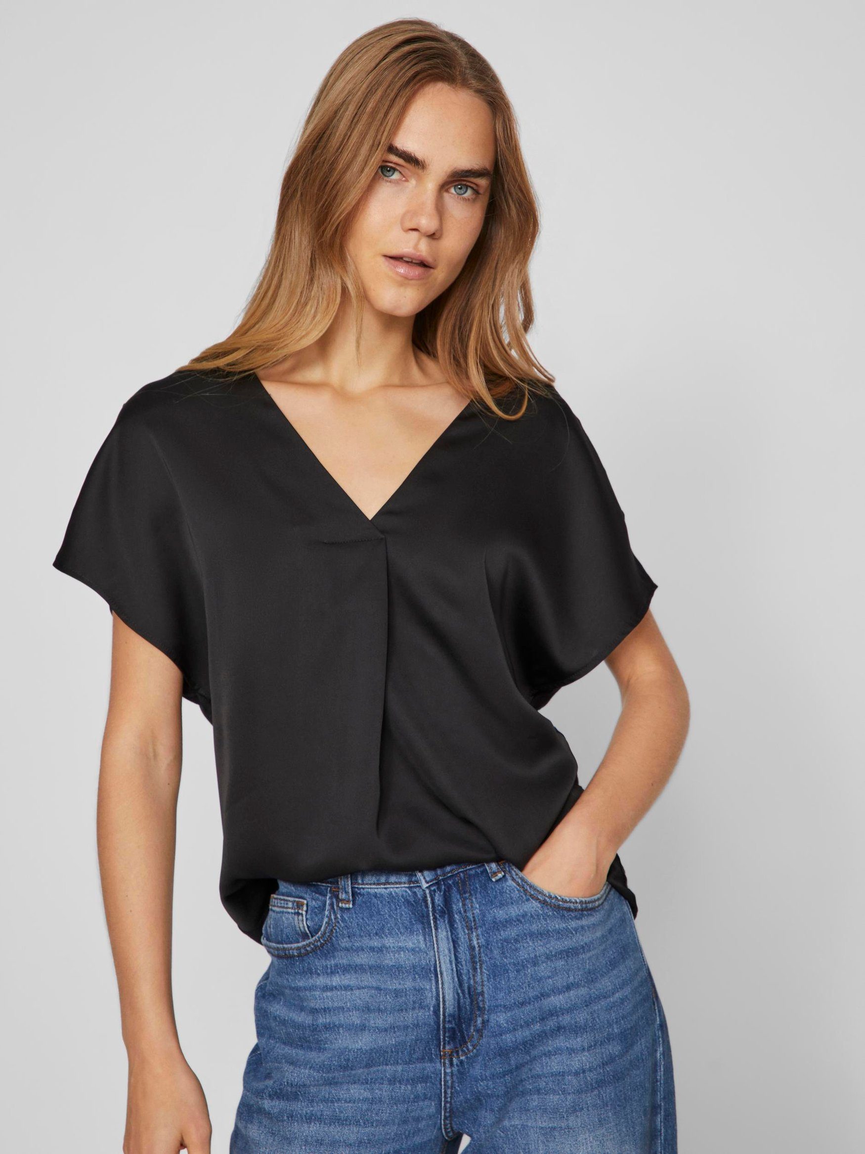 Vila Blusenshirt Satin Blusen Glänzendes Kurzarm Oberteil VIELLETTE V-NECK S/S SATIN TOP - NOOS