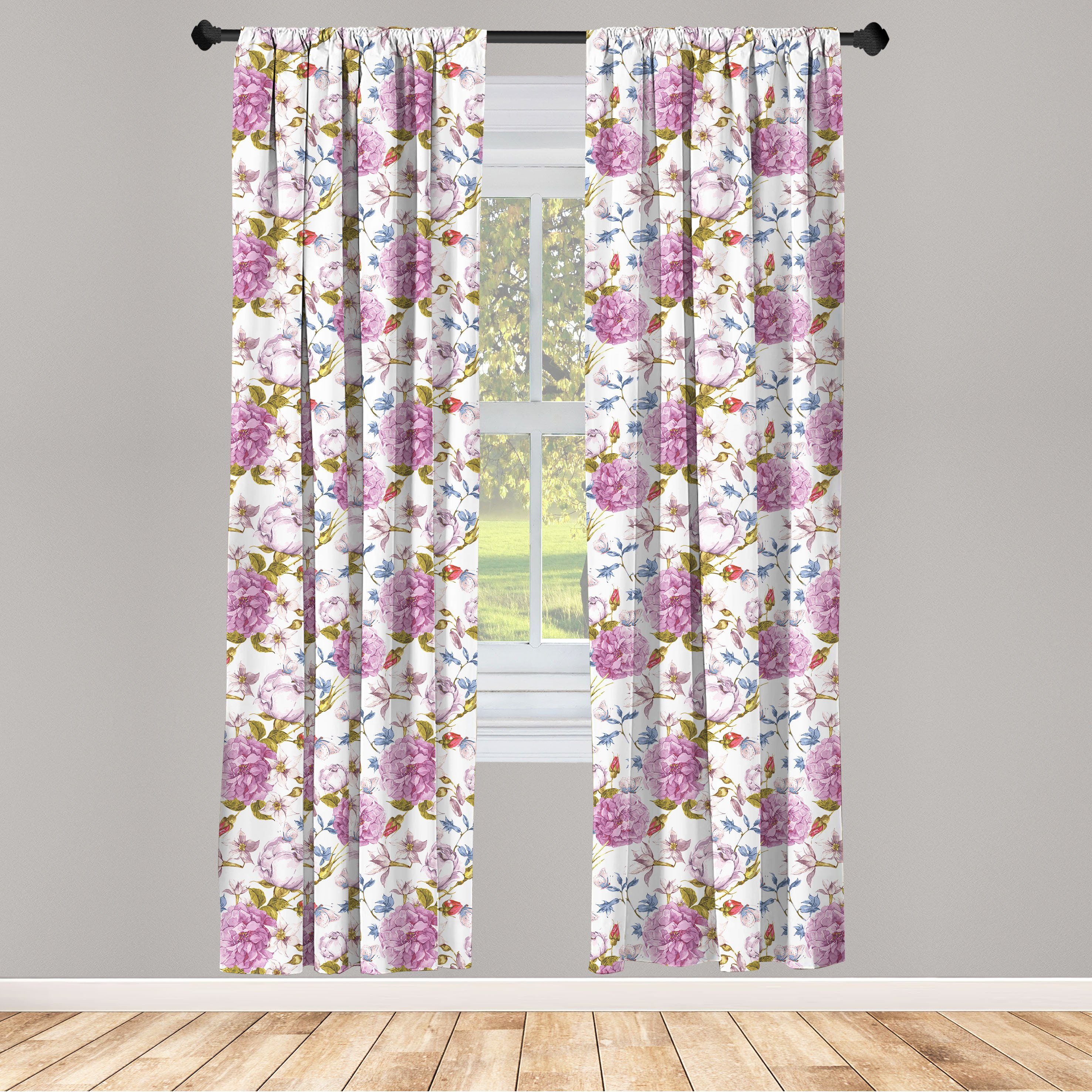 Retro Dekor, Abakuhaus, in Gardine Pastelltönen Blume für Natur Wohnzimmer Microfaser, Vorhang Schlafzimmer