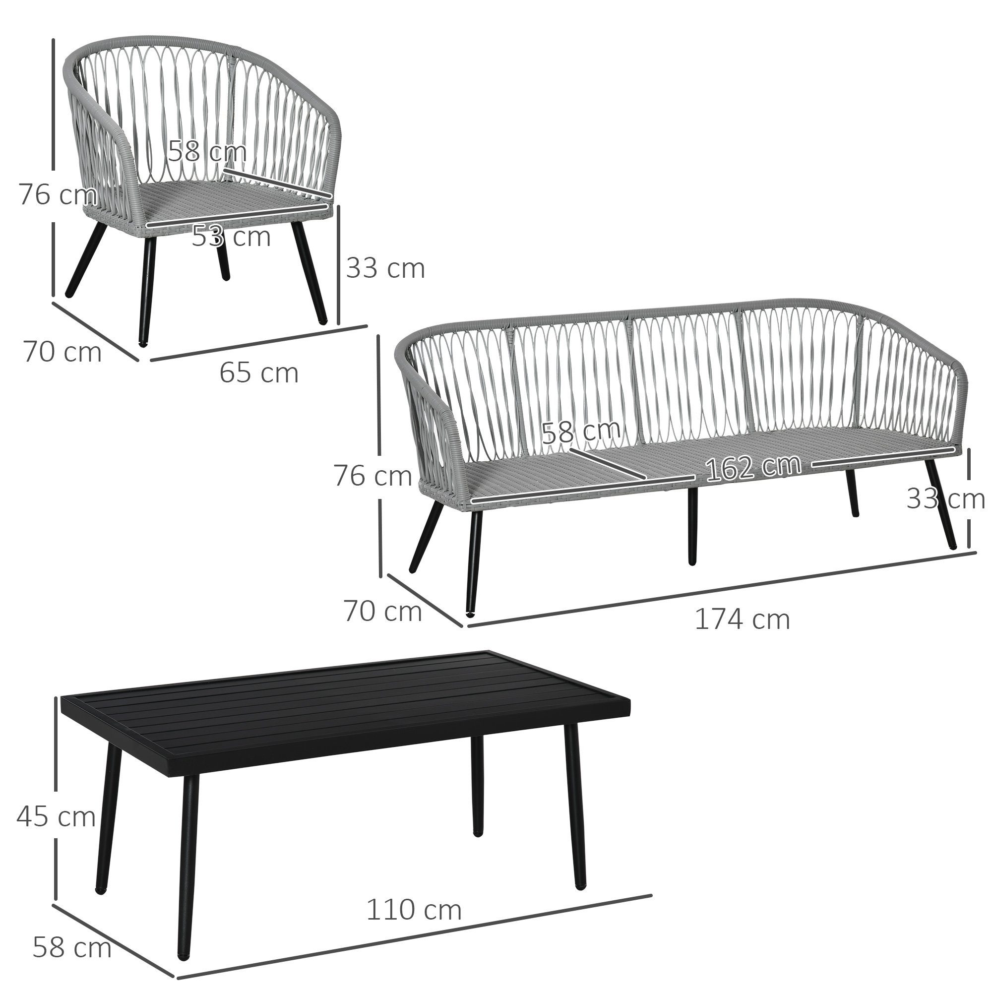 4-tlg), Outsunny Tisch (Set, Sitzgruppe Stühlen 4-tlg., Essgruppe 3 mit Gartenmöbel-Set,