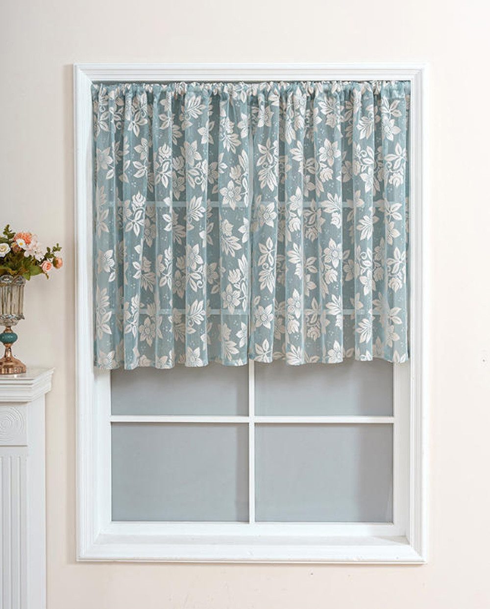 Diwzbyn Vorhang Spitzen Gardine, Halbtransparenter Fenstervorhang mit Blumenmuster (1 St), Scheibengardine als Sichtschutz für Wohnzimmer, Küche – Bild 5 von 5