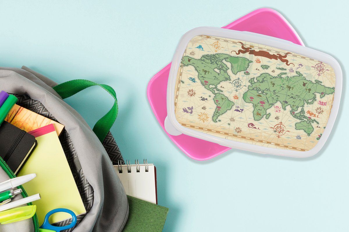 MuchoWow Lunchbox Weltkarte - Kinder Piraten Erwachsene, Mädchen für rosa - Kunststoff Mädchen, Kinder, - Brotdose Snackbox, Kunststoff, Brotbox - - Vintage Jungen - Kinder, (2-tlg)