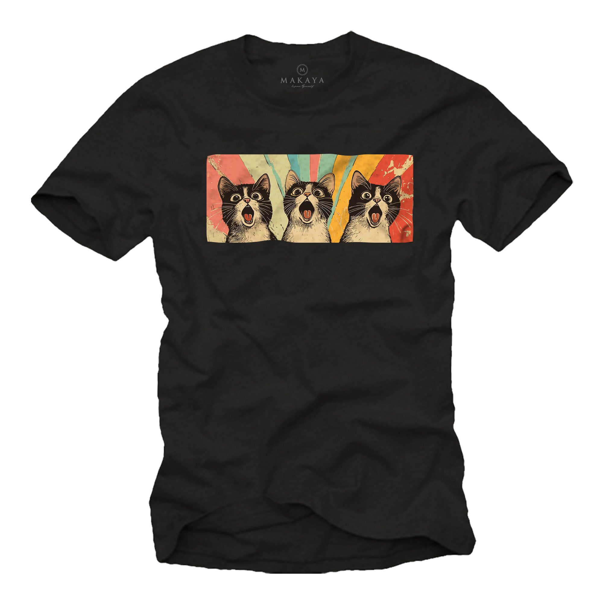 MAKAYA T-Shirt Printshirt für Männer mit lustiger Katze – Retro Vintage Design (Schwarz, Blau, Grün, Dunkelgrau, S, M, L, XL, XXL, 3XL, 4XL, 5XL) Baumwolle