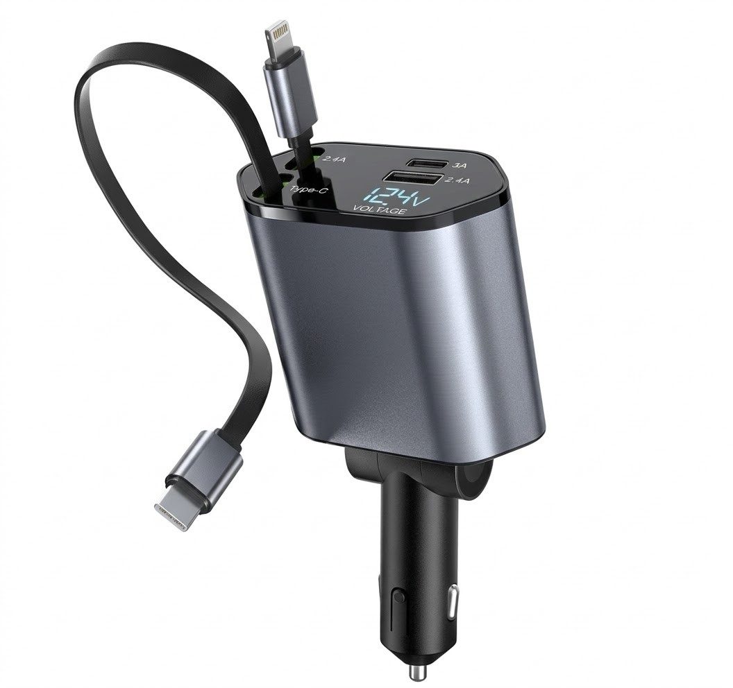 Alpha Electronics 120W Zigarettenanzünder USB C Schnell Ladegerät KFZ-Adapter Typ C zu USB Typ A, Lightning, 80 cm, Breite Kompatibilität, 2 Ausziehbare Kabel