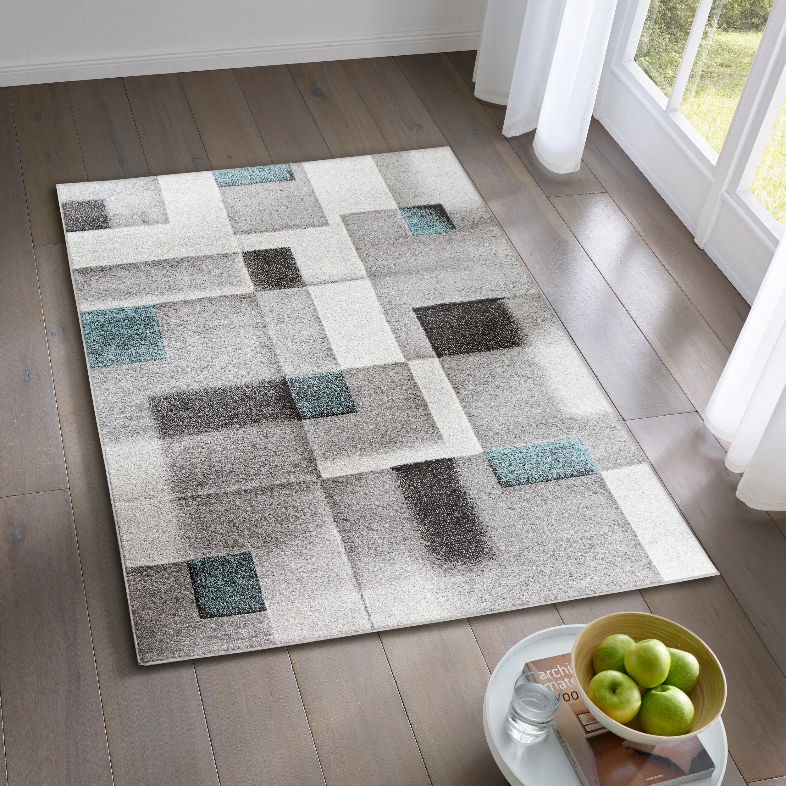 TaCa Home Teppich Designer Kurzflor Teppich Moderne Kunst, rechteckig, Höhe: 12 mm, Wohnzimmer Schlafzimmer Esszimmer, Karos Blau - 80 x 140 cm
