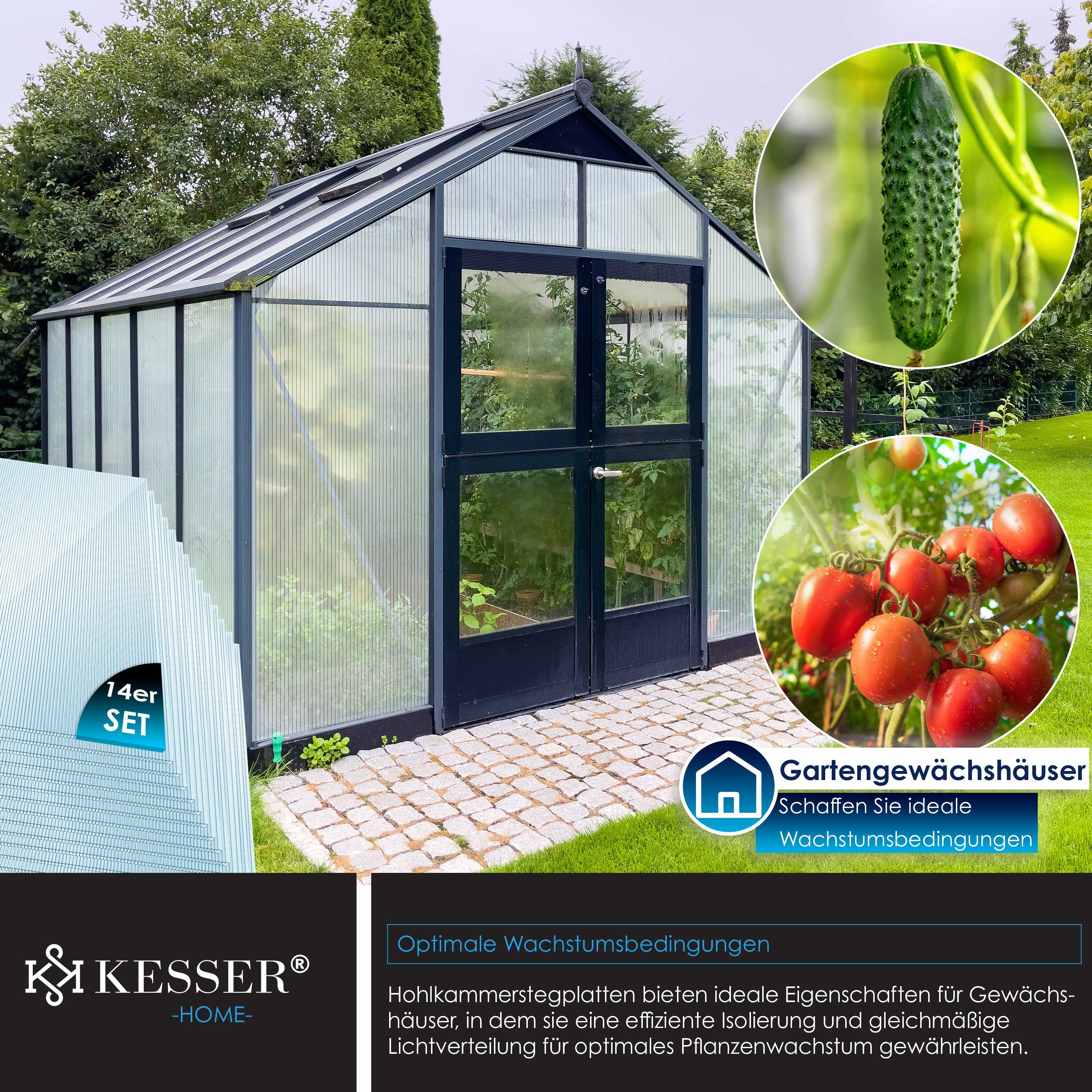 KESSER Hohlkammerplatte Doppelstegplatte aus Polycarbonat geeignet für Gewächshäuser, Carports, 4 mm, 10.25 m², (14-St), individuell zuschneidbar, Lichtdurchlässig und Witterungsbeständig