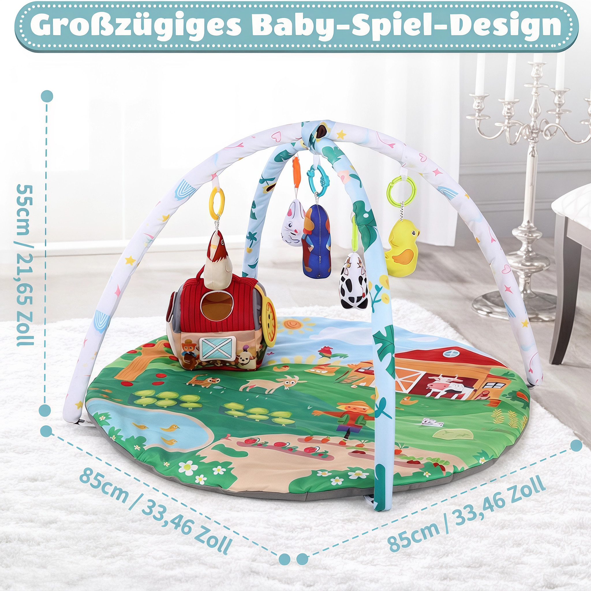 oyajia Spielbogen Baby Spielmatte Fitness Krabbeldecke Spielecke 85x85×55cm, (Geeignet für Neugeborene von 0–12 Monaten zur Wachstumserkundung), mit 5 Abnehmbare Spielzeug, Faltbare Matte,Spielbogen für Babys