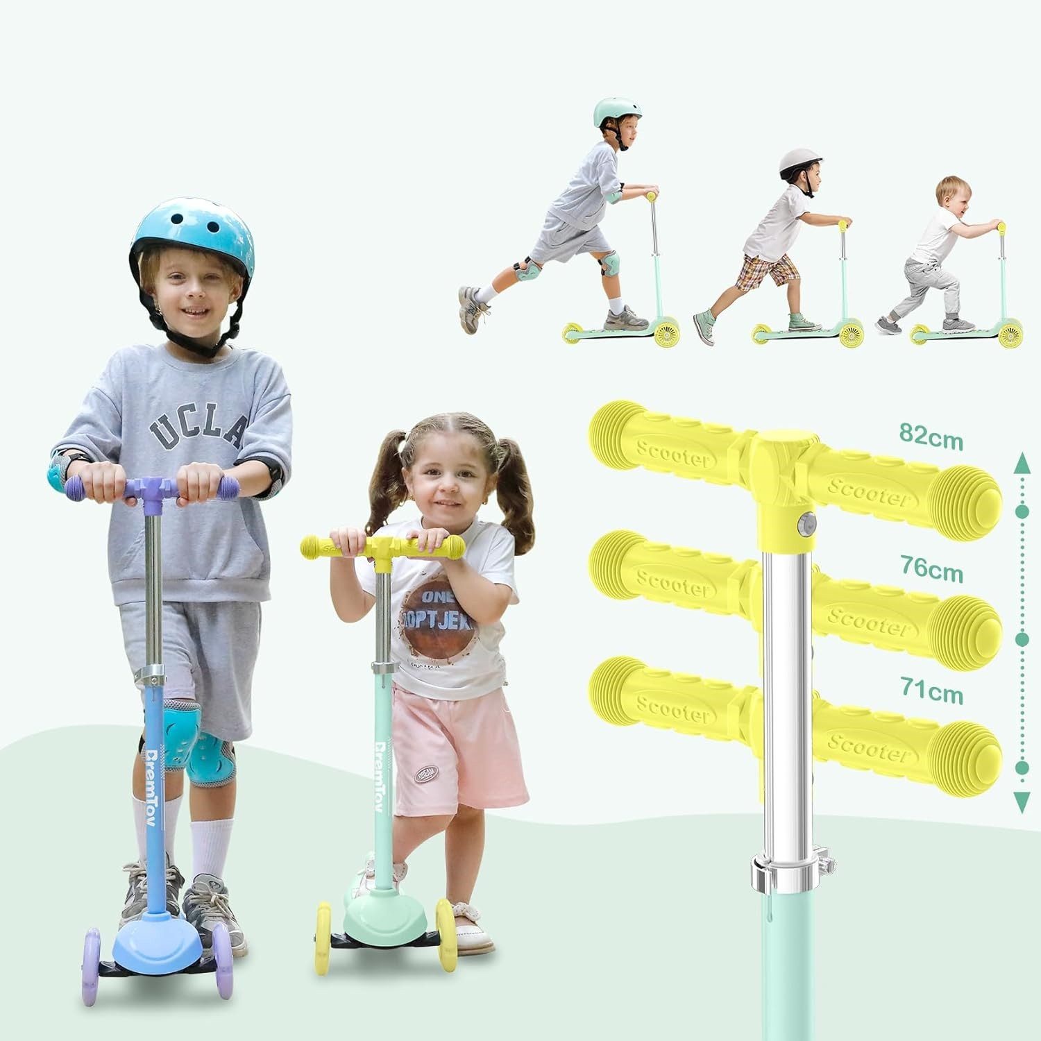 BremToy Dreiradscooter Höhenverstellbare Kinderroller mit leuchtendem Deck und PU-LED Rädern
