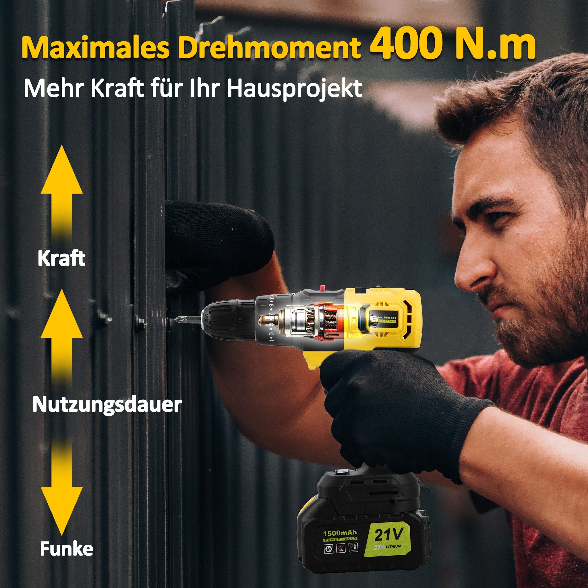 CkeyiN Akku-Schlagschrauber 400 Nm max. Akku-Bohrschrauber Schlagschrauber Set mit 3Ah Akku, 2800,00 U/min, (27-tlg), 25+3 Drehmomentstufen 10mm Bohrfutter mit LED Licht für Reparatur