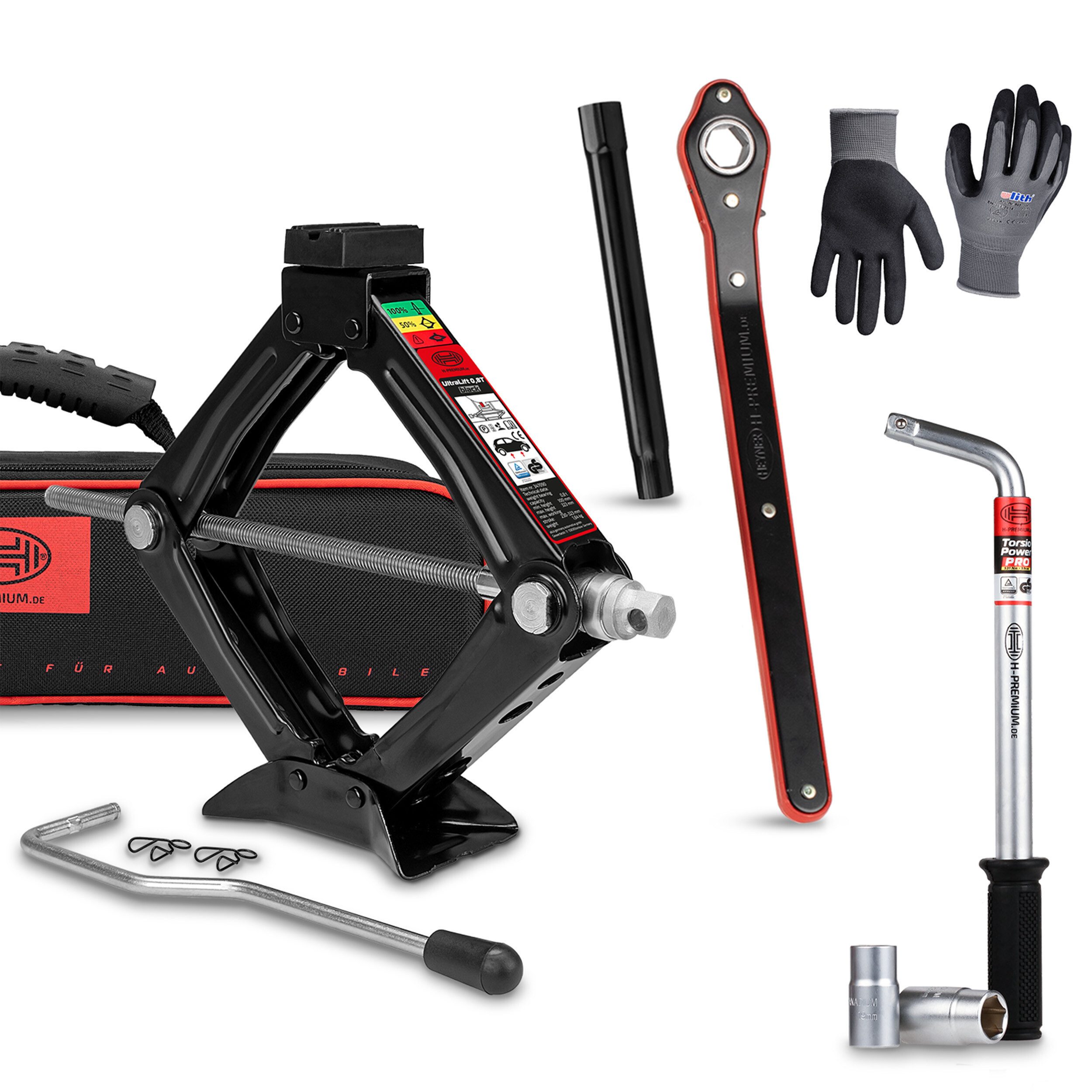 HEYNER Wagenheber Scherenwagenheber Set mit Radmutternschlüssel Handschuhen Bundle 0,8t, max. Hubhöhe: 32.3 cm, Set, 3-tlg., inkl. Radmutterschlüssel und Handschuhe