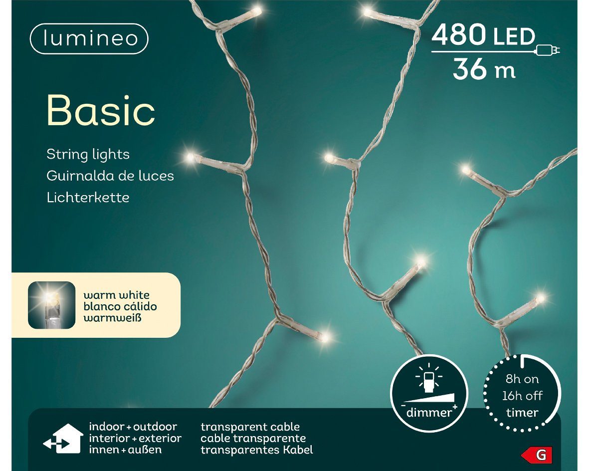 Lumineo LED-Lichterkette »Lichterkette Basic 480 LED's 36 m warm weiß,  transparentes Kabel«, Indoor & Outdoor, dimmbar, 8h-Timer, Weihnachten