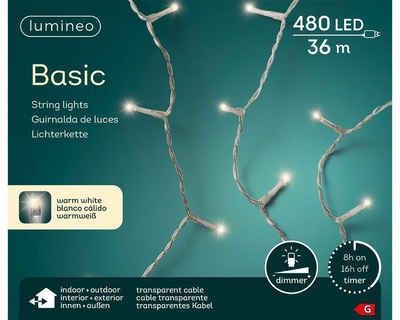 Lumineo LED-Lichterkette Lumineo Lichterkette Basic 480 LED 36 m warm weiß, transparentes Kabel, Dimmbar, Timer, Indoor, Outdoor