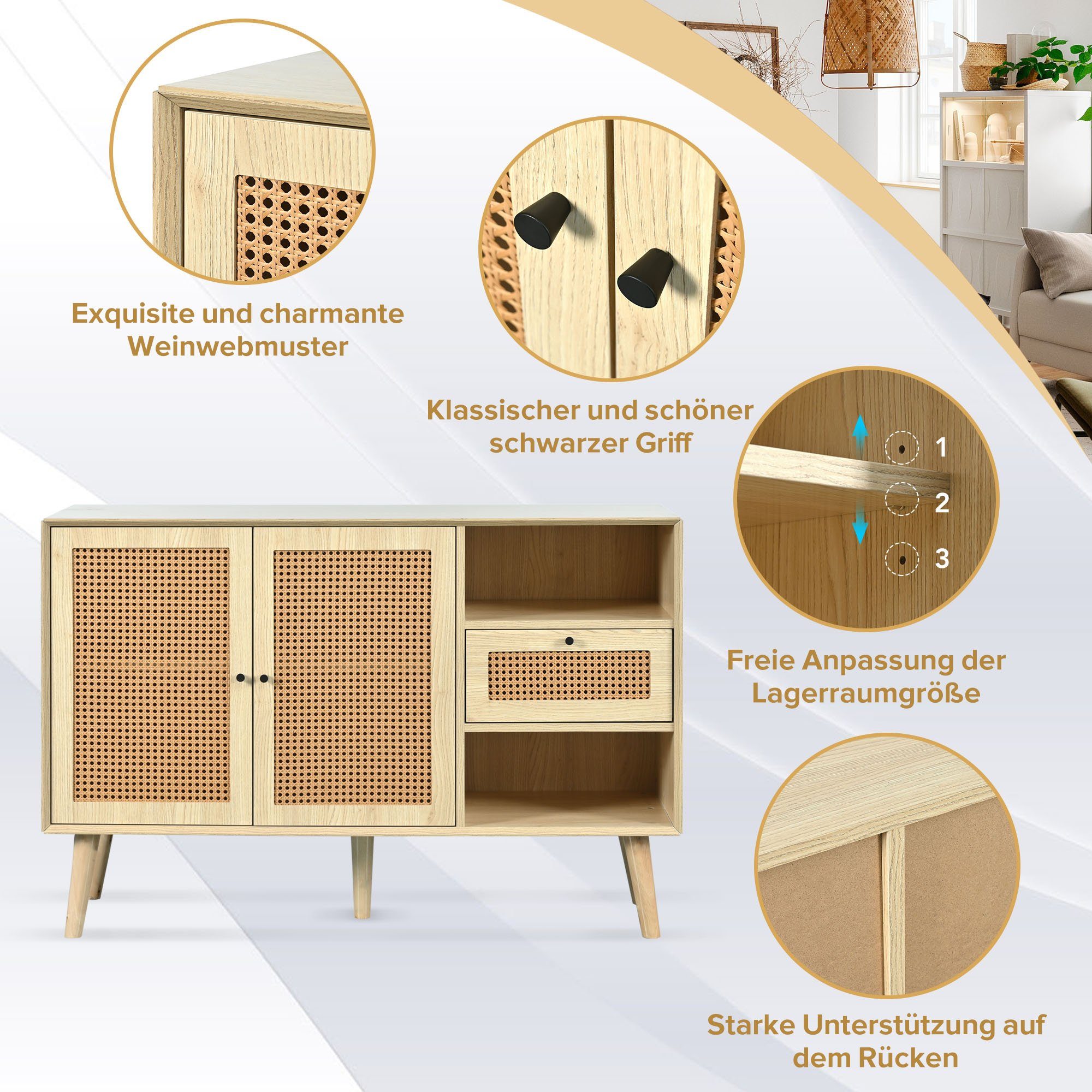 Merax Sideboard Landhausstil mit Schublade und 6 Fächer, Kommode mit Rattangeflecht,Anrichte,TV-Board,B:120cm