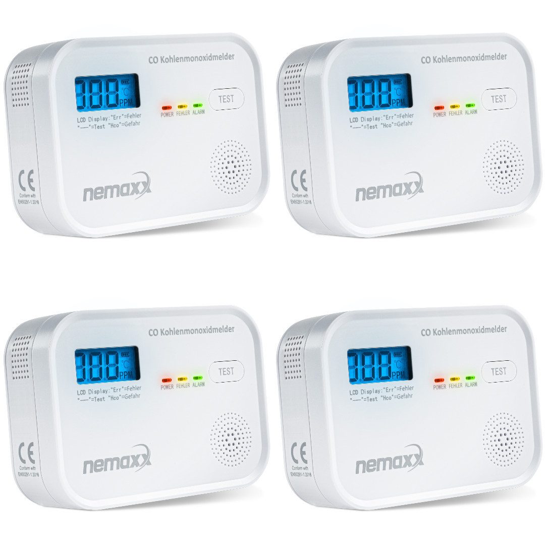 NEMAXX CM18 Kohlenmonoxid-Melder LCD 85 dB Alarm EN 50291-1:2018 Testtaste 4x CO-Melder (Elektrochemischer Sensor/3x AA LR6-Batterien/10 Jahre Lebensdauer)