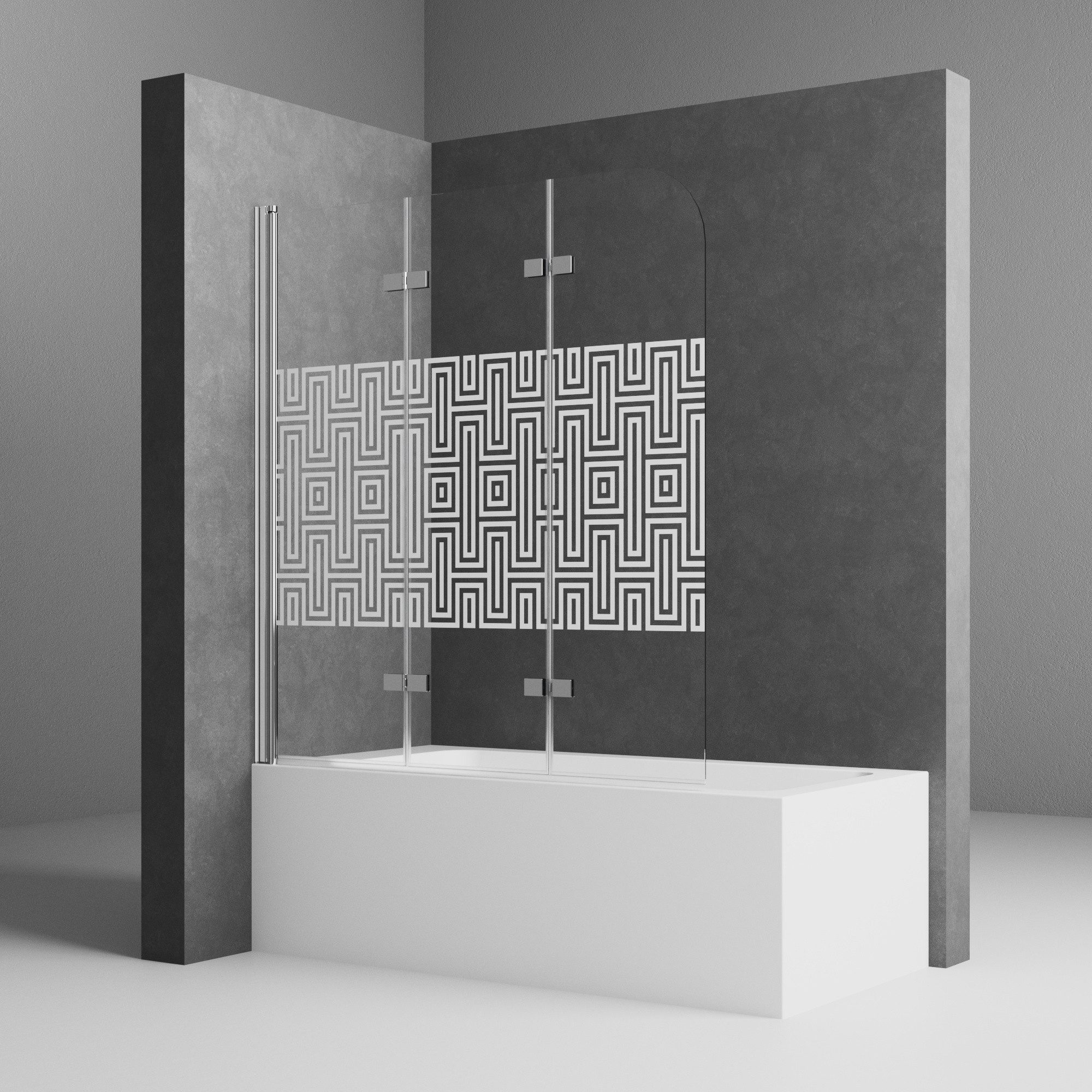 Boromal Badewannenfaltwand milchglas Duschtrennwand Glas faltbar für Dusche 140x140 120x140cm, 6mm Sicherheitsglas, (Badewannenaufsatz Chrom, 3 teilig 180° Faltwand), mit Duschdichtungen
