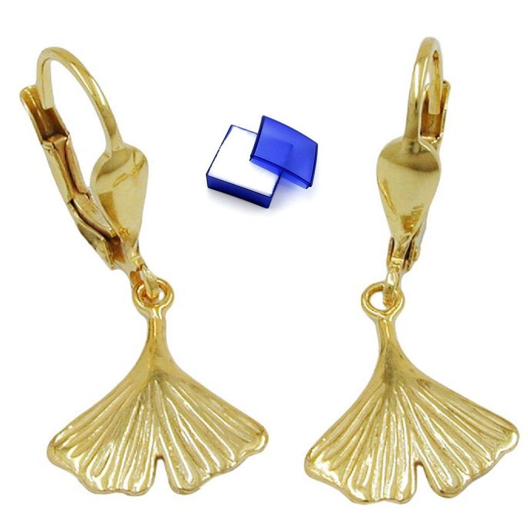 unbespielt Paar Ohrhänger Ohrringe Gingkoblatt glänzend 375 Gold 27 mm kleine Schmuckbox, Goldschmuck für Damen
