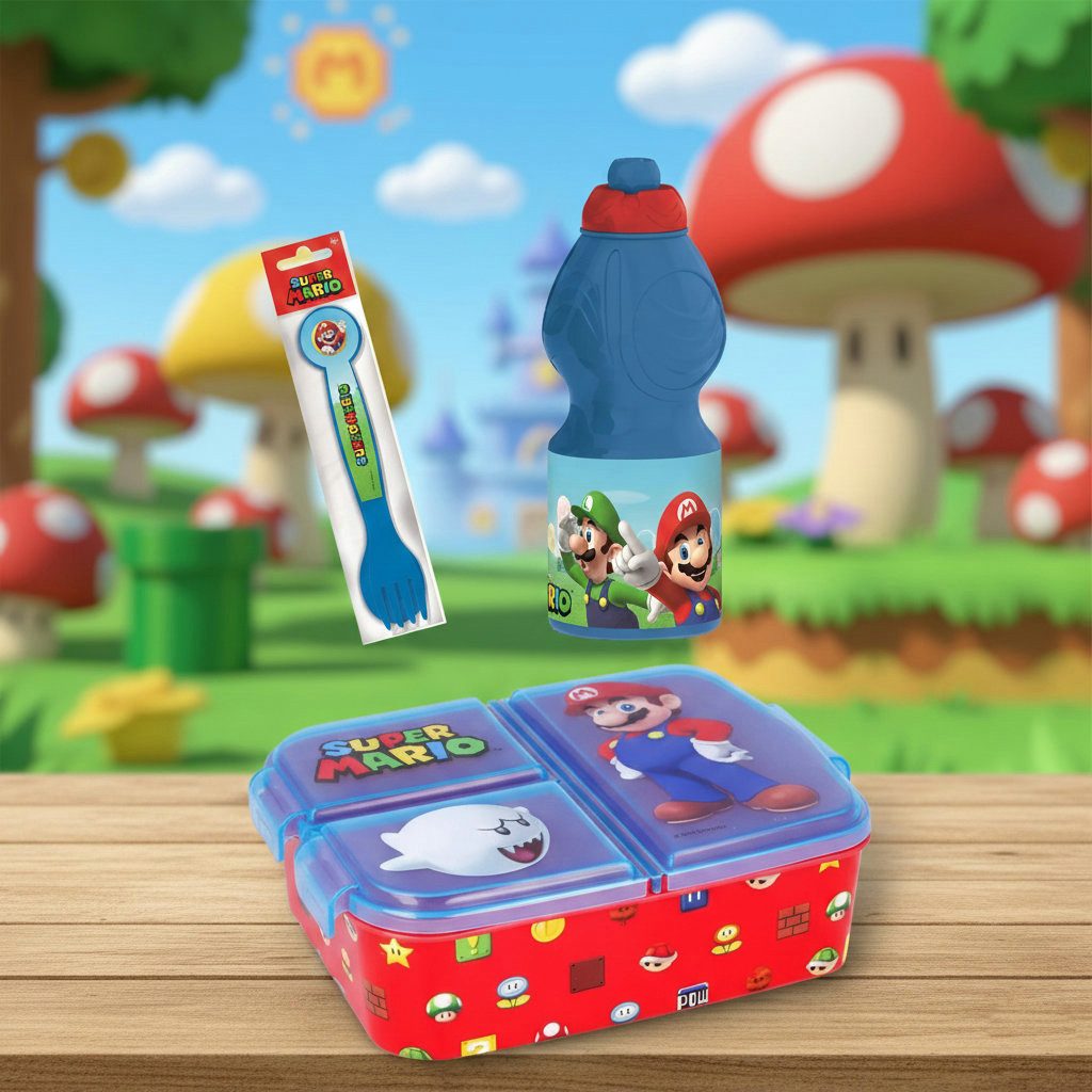 Super Mario Lunchbox Super Mario 4 teiliges Set Brotdose, Trinkflasche und Besteck, Kunststoff, (Spar-Set, 4-tlg., Spar-Set)