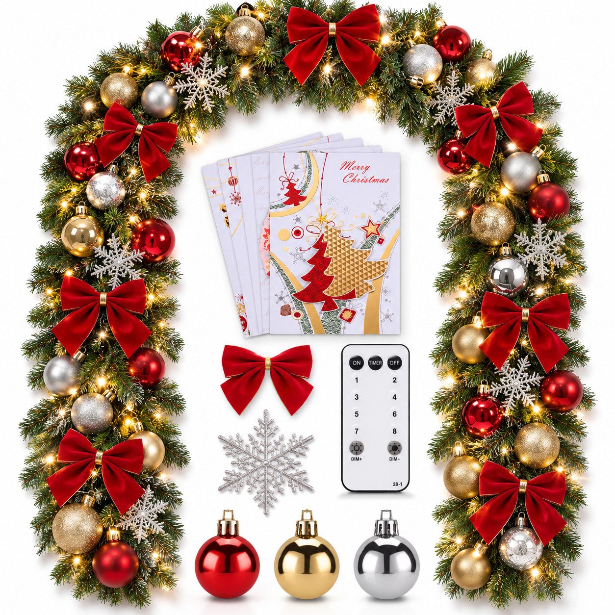 Kunstgirlande Weihnachtsgirlande mit Licht 5m 10m mit 200 LEDs, Onbest, Eiskristalle, Schleifen, GRATIS 5 Karten, Weihnachts Girlande Deko