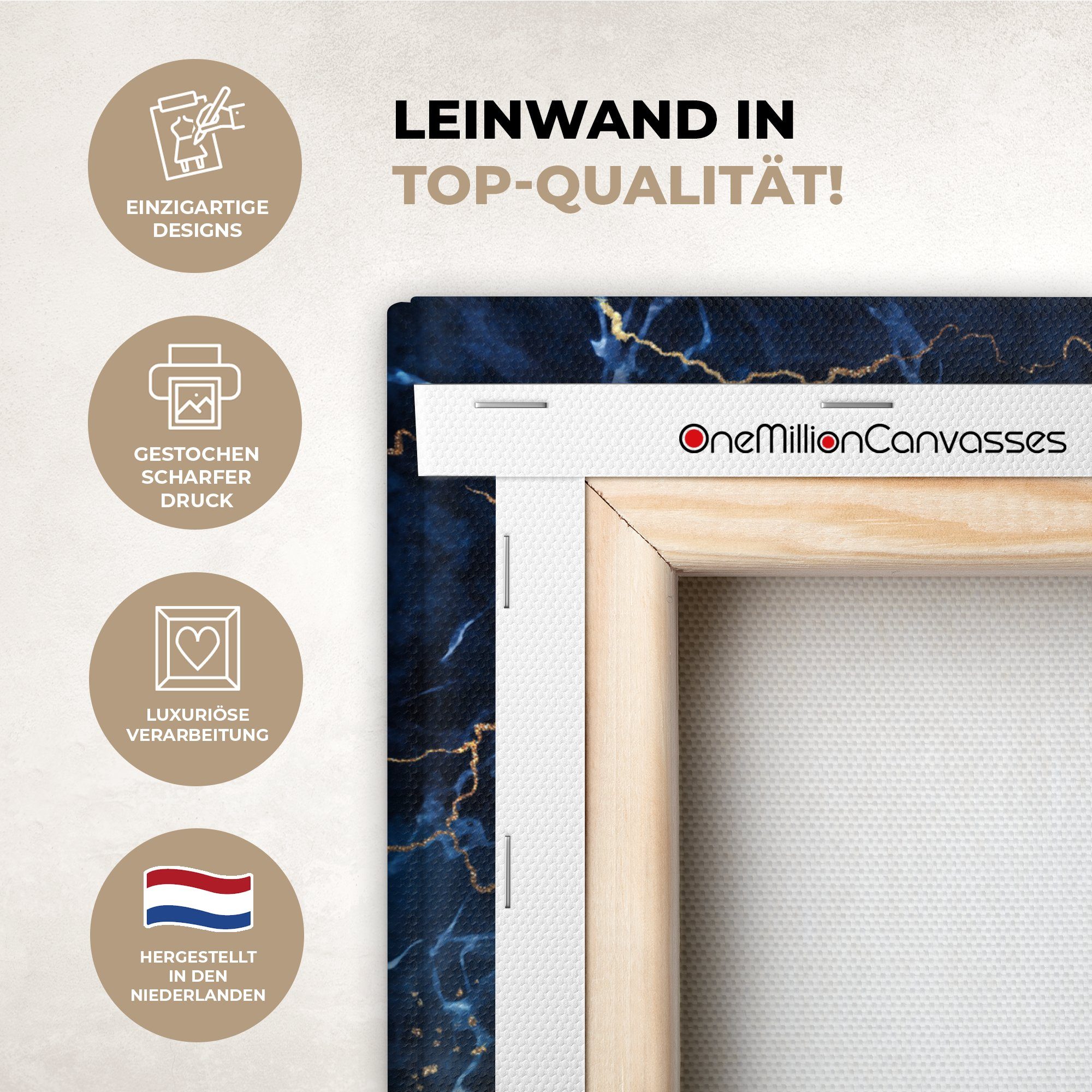 OneMillionCanvasses® Leinwandbild Marmor - Weiß - Gold - Luxus, Fotodruck (1 St), Wandbild, Deko Schlafzimmer Wohnzimmer Flur 20x20 cm