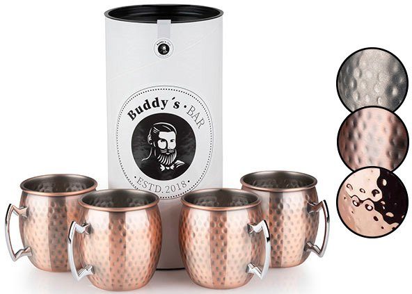 Buddy's Becher Buddy´s Bar, 4-tlg., Edelstahl, Moscow Mule Becher, 500 ml, hochwert. Edelstahl, Hammerschlag-Effekt