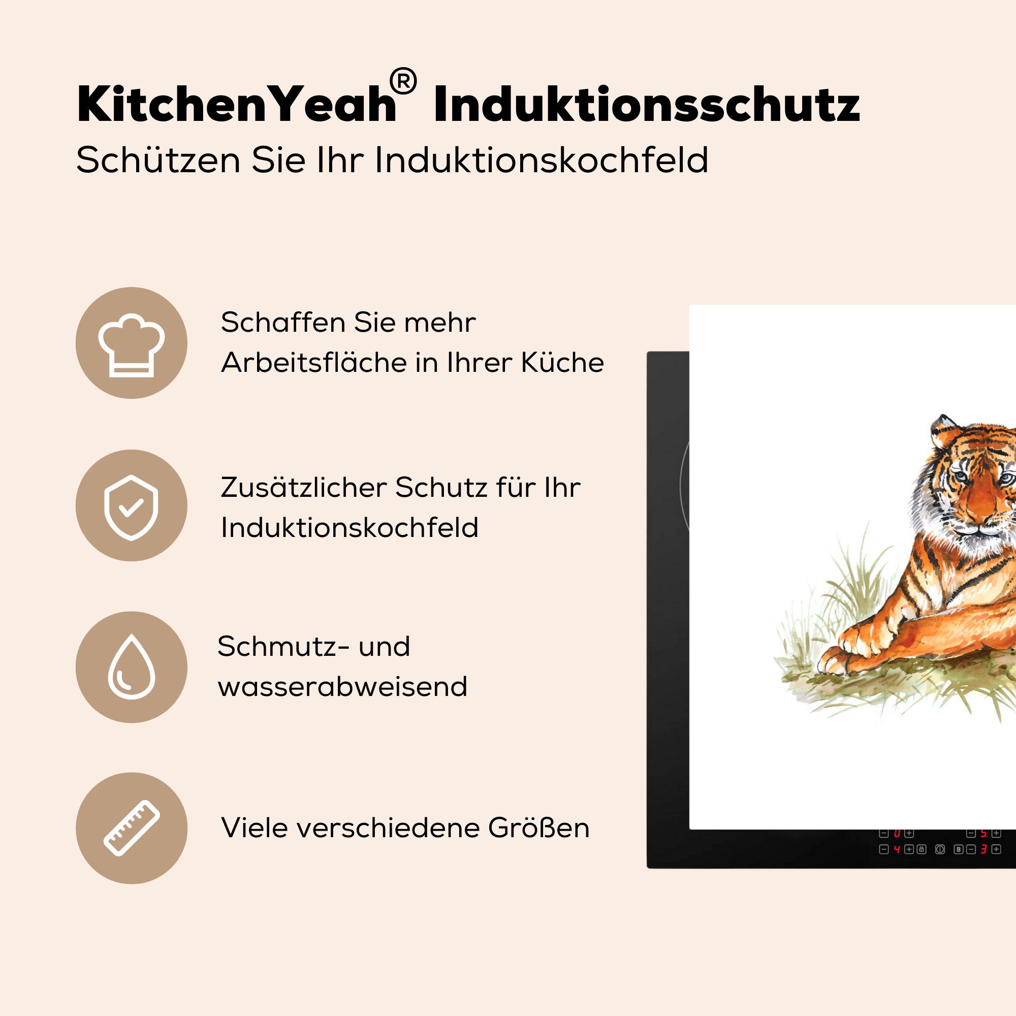 MuchoWow Herdblende-/Abdeckplatte Tiger küche, (1 - 81x52 cm, Ceranfeldabdeckung für tlg), Vinyl, Schutz Induktionskochfeld die - Gemälde Orange