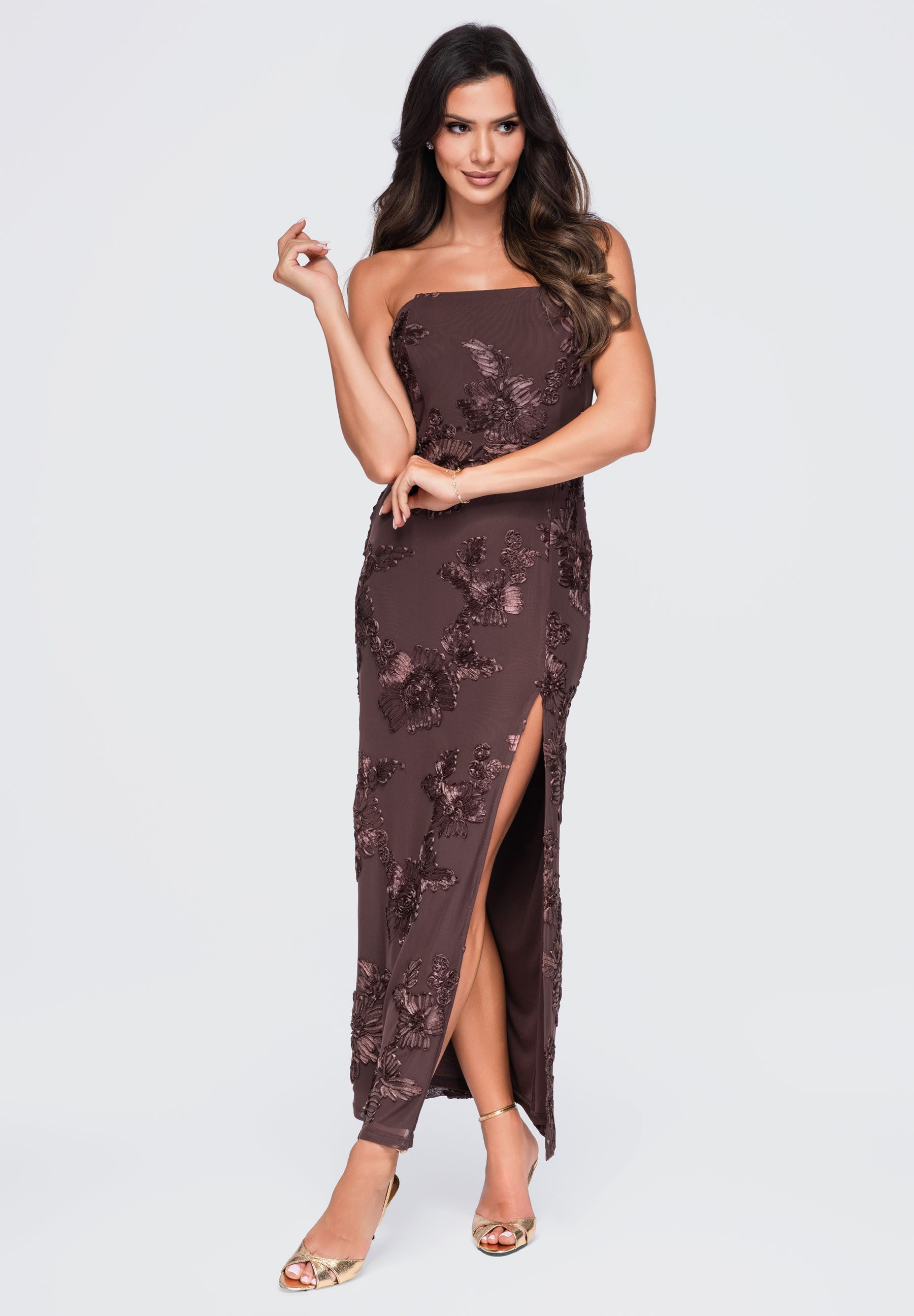 OMBRE Abendkleid Damen Abendkleid Maxi mit floralem Design Braun L (kein Set, 1-tlg) hoher Schlitz