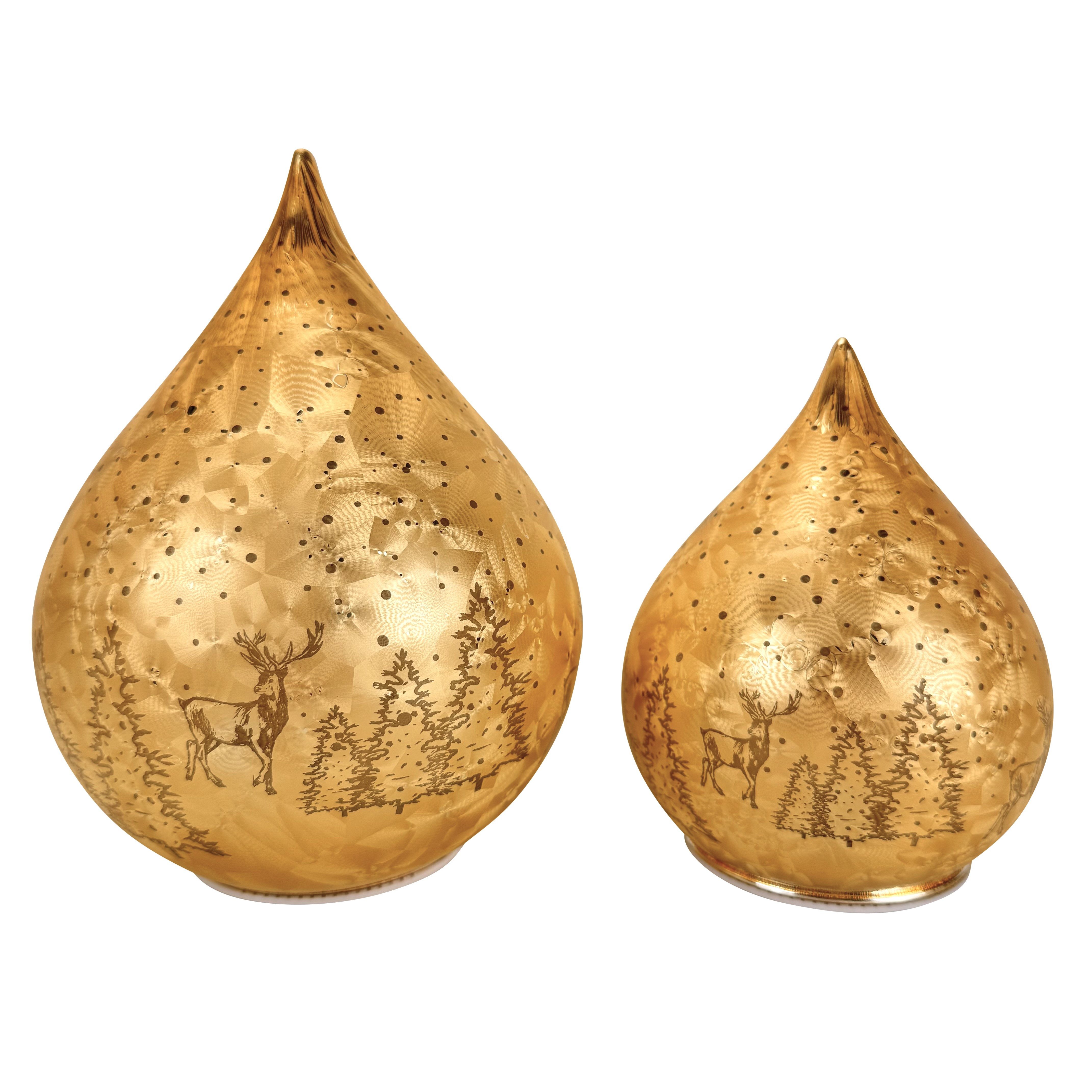 Online-Fuchs LED Dekolicht 2 Glastropfen im Frosty-Stil mit Timer - Stimmungslicht Winterwald, Lichterkette im Dauerleuchten oder seichten Funkeleffekt, warmweiß, Dekoration für Herbst, Winter und Weihnachten