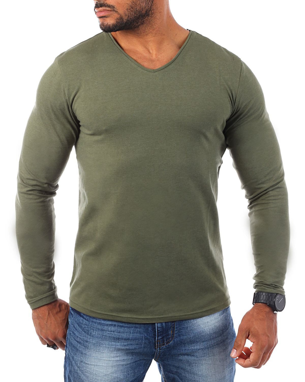 Young & Rich Langarmshirt Herren Uni Basic Longsleeve V-Ausschnitt V-Neck Unterziehshirt 2001 Rundhalsauschnitt unifarben langarm slim fit