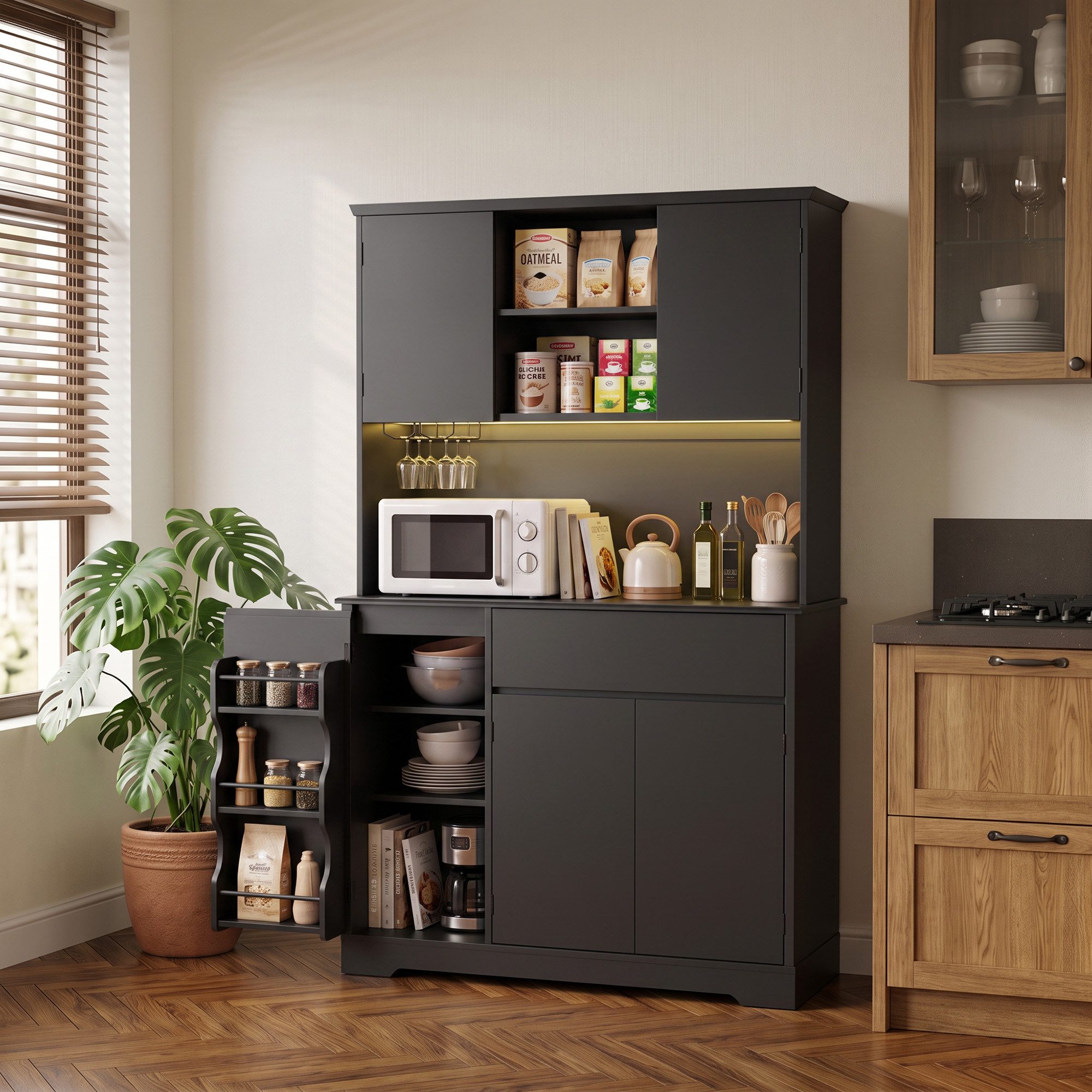 Bealife Küchenbuffet Küchenschrank mit Arbeitsplatte mit 1 Schublade und 5 Türen (Mit LED-Licht (farblich einstellbar) & Steckdose) – Bild 2 von 5
